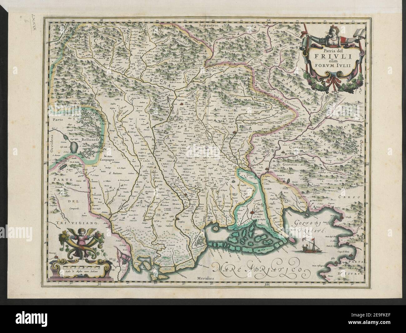 Patria del FRIULI olim FORUM IULII. Autore Blaeu, Joan 79.6. Luogo di pubblicazione: [Amsterdam] Editore: [Joan Blaeu] Data di pubblicazione: [Tra il 1640 e il 1672.] Tipo di articolo: 1 mappa mezzo: Incisione su copperplate, colore della mano dimensioni: 39 x 48 cm ex proprietario: Giorgio III, Re di Gran Bretagna, 1738-1820 Foto Stock