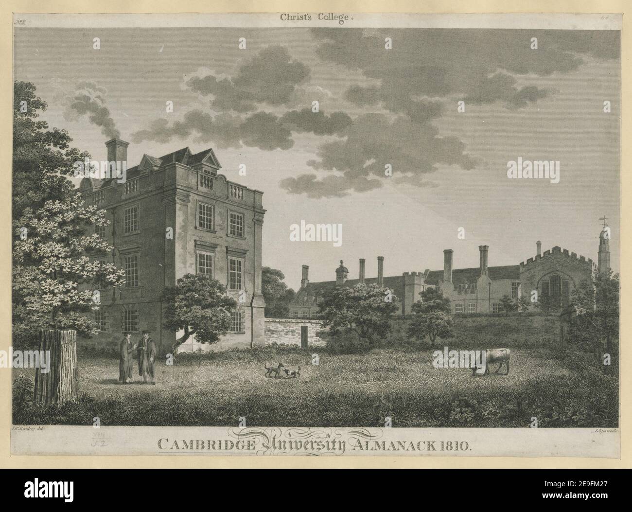 Il Collegio di Cristo. Autore Sparrow, Samuel 8.52. Luogo di pubblicazione: [Cambridge] Editore: Cambridge University Almanack, Data di pubblicazione: 1810. Tipo di articolo: 1 stampa mezzo: Incisione dimensioni: Foglio 31.4 x 43.0 cm [rifilato all'interno del platemark]. Ex proprietario: George III, re di Gran Bretagna, 1738-1820 Foto Stock