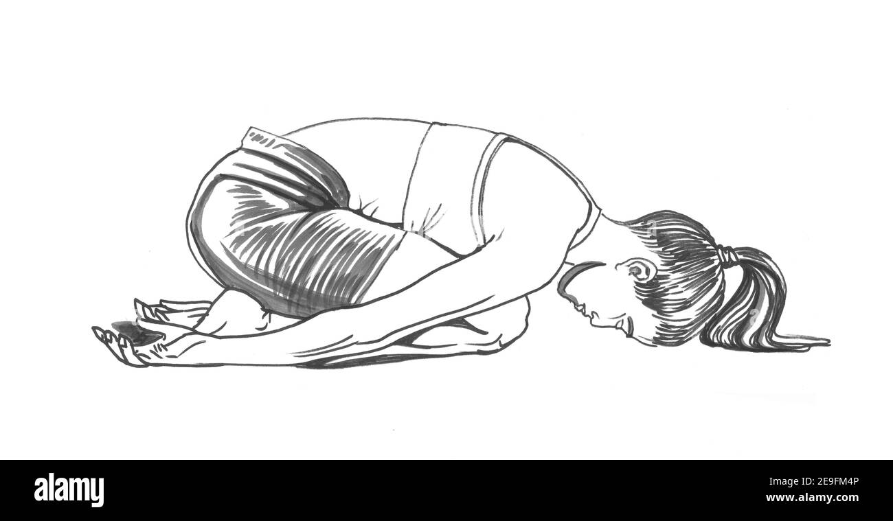 Giovane donna in posa yoga del bambino, arte di clor d'acqua disegnata a mano di nero. Illustrazione dello Yoga acquerello, formato jpg Foto Stock