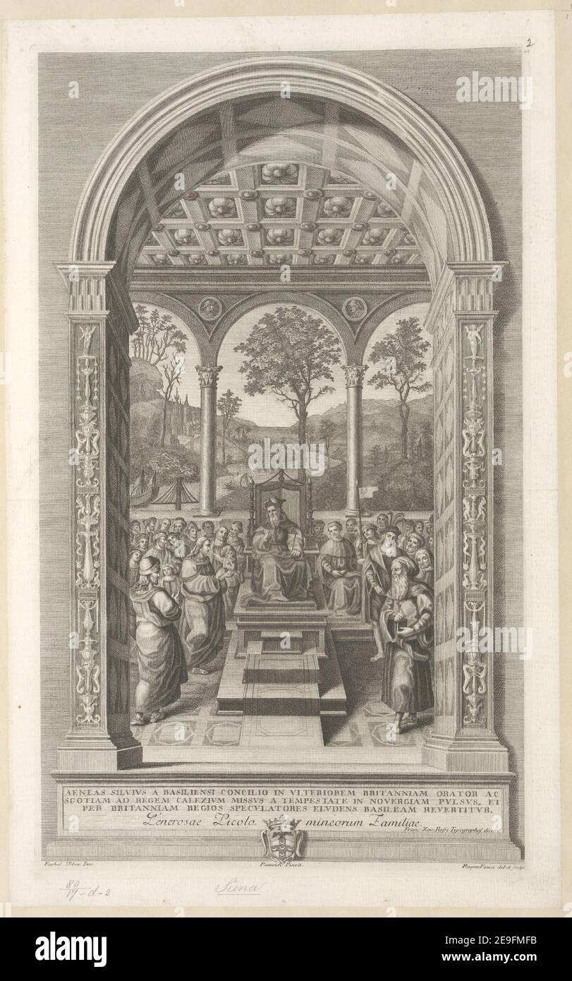 AENEAS SILVIVS A BASILIENSI CONCILIO IN VLTERIOREM BRITANNIAM ORATOR AC SCOTIAM AD REGEM CALEXIVM MISSVS A TEMPESTATE IN NOVERGIAM PVLSVS, ET PER BRITANNIAM REGIOS SPECVLATORES ELVDENS BASILEAM REVITVR. Generosa autore Faucci, Raimondo 80.17.d.2. Luogo di pubblicazione: [Siena] Editore: [Francesco Rossi] Data di pubblicazione: [1771] tipo articolo: 1 stampa mezzo: Incisione e incisione dimensioni: Platemark 55.4 x 33.1 cm, su foglio 59.1 x 36.6 cm. Ex proprietario: George III, re di Gran Bretagna, 1738-1820 Foto Stock