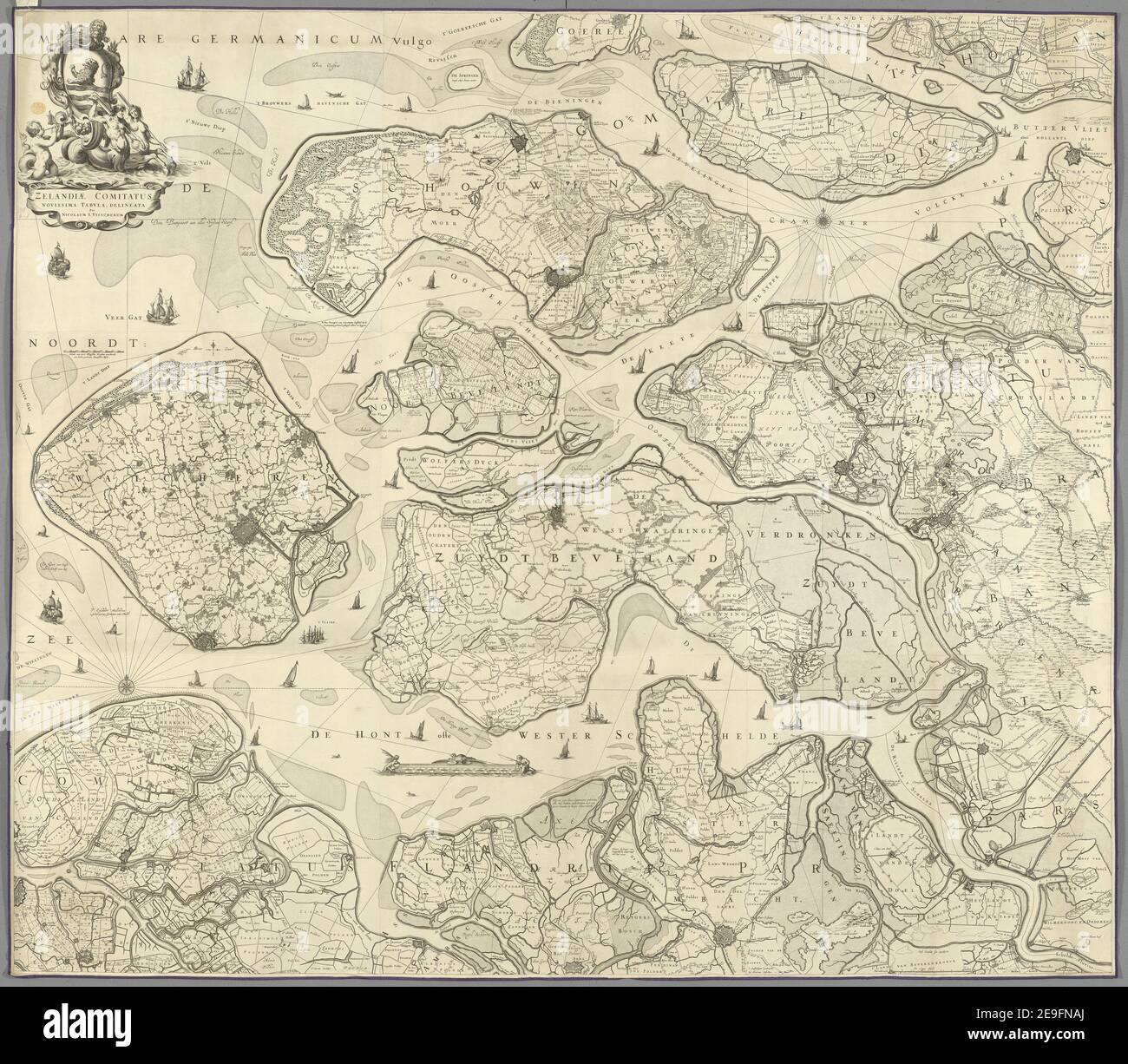 ZELANDI√Ü COMITATUS NOVISSIMA tabVLA, DELINEATA per NICOLAUM I. VISSCHERUM autore Visscher, Nicolaes 108.6.1.8.tab.end. Luogo di pubblicazione: t Amsterdam Editore: Gedruckt byÃà Nicolaes VI√ücher. Data di pubblicazione: [1656] tipo di articolo: 1 mappa supporto: Incisione su copperplate su 9 fogli dimensioni: 142 x 163 cm ex proprietario: George III, Re di Gran Bretagna, 1738-1820 Foto Stock