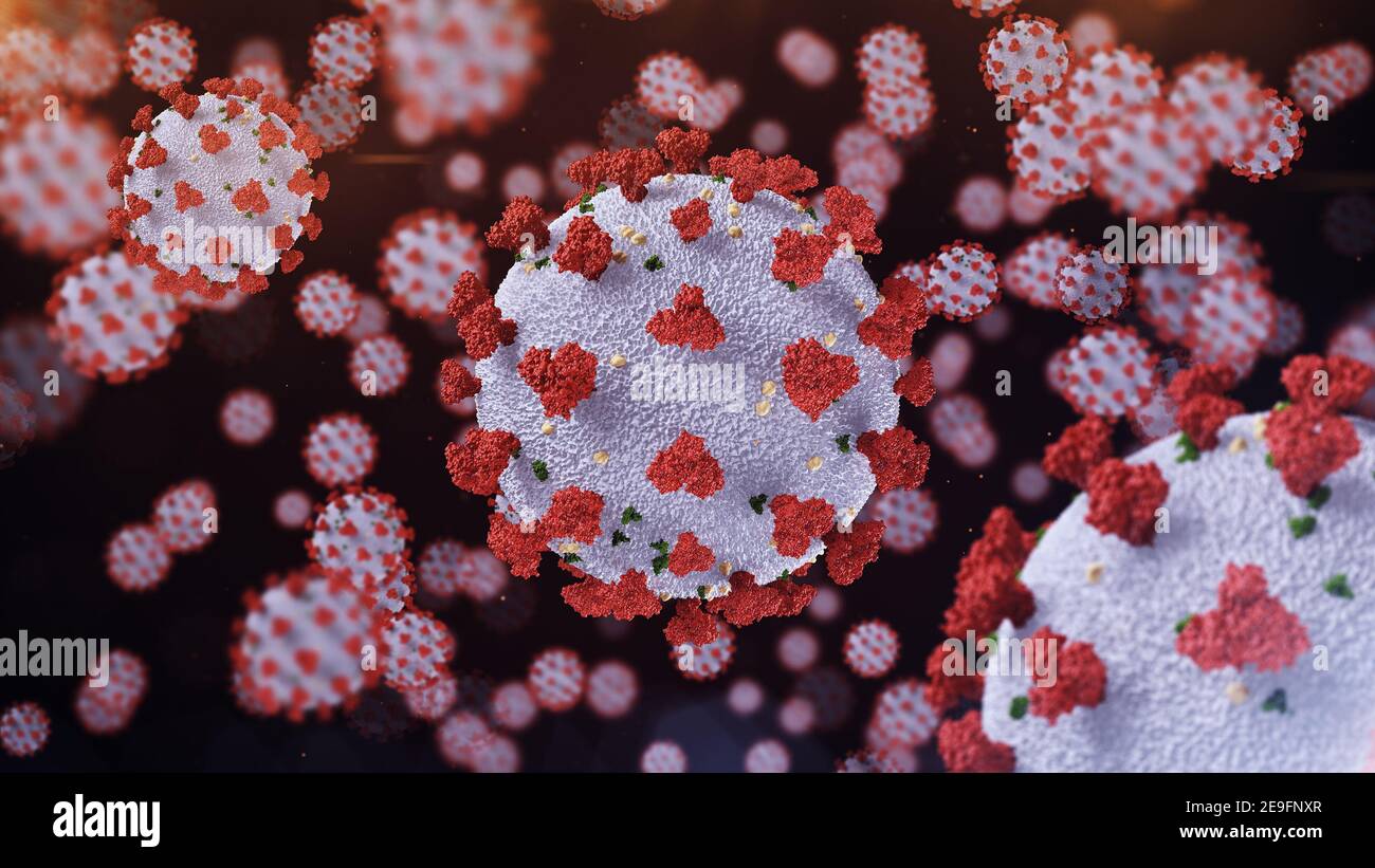 Coronavirus COVID-19 virus microscopico corona malattia 3D illustrazione. Rendering 3D del coronavirus. Malattia del coronavirus COVID-19 è un infetttiou Foto Stock