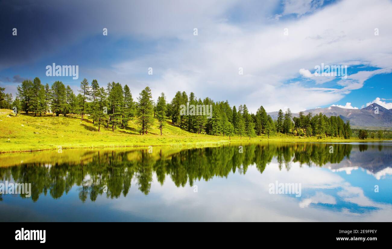 Paesaggio montano con lago e foresta bellissimi Foto Stock