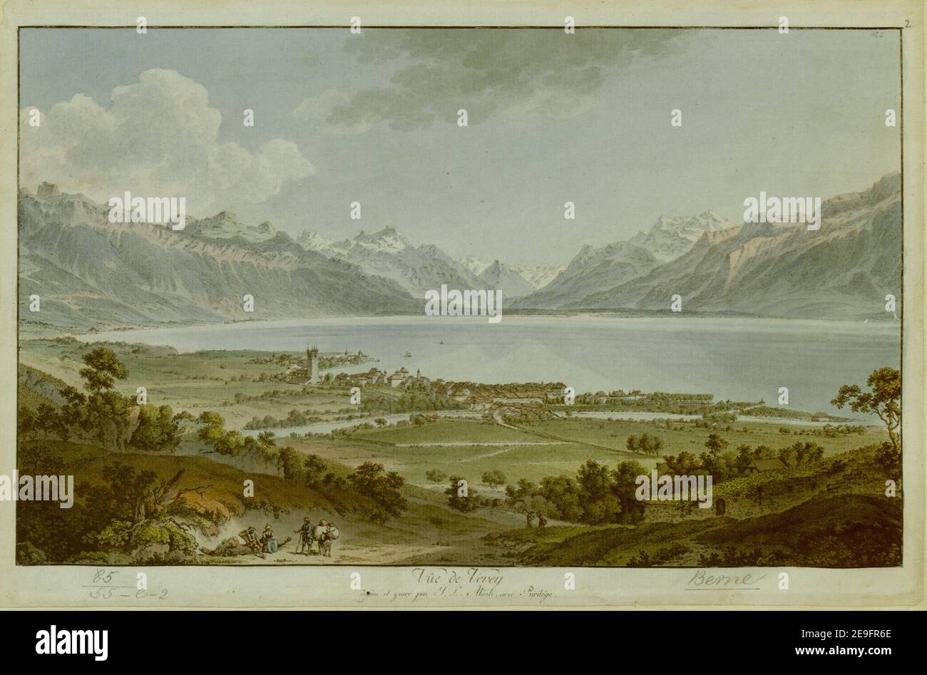 VuÃÇe de Vevey. Autore Aberli, Johann Ludwig 85.55.e.2. Luogo di pubblicazione: [Berna?] Editore: [Editore non identificato] Data di pubblicazione: [1772] tipo di articolo: 1 stampa mezzo: Incisione colorata a mano dimensioni: Foglio 23.2 x 35.7 cm (rifilato sotto il platemark) ex proprietario: George III, Re di Gran Bretagna, 1738-1820 Foto Stock