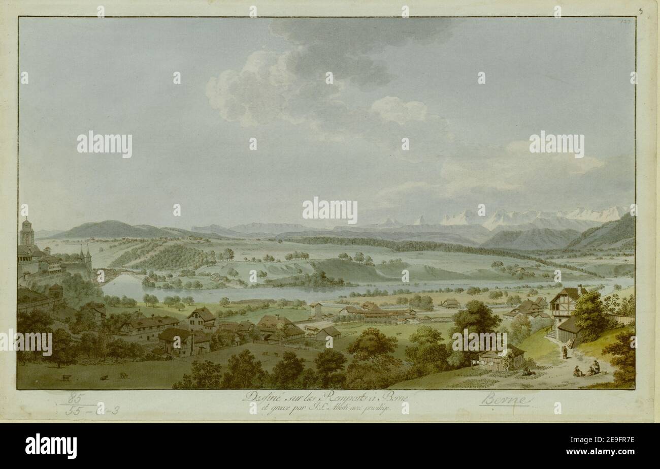 DessineÃÅ sur les Remparts aÃÄ Berna. Autore Aberli, Johann Ludwig 85.55.e.3. Luogo di pubblicazione: [Berna?] Editore: [Editore non identificato] Data di pubblicazione: [1765] tipo di articolo: 1 stampa mezzo: Incisione colorata a mano dimensioni: Foglio 24.1 x 35.7 cm (rifilato sotto il platemark) ex proprietario: George III, Re di Gran Bretagna, 1738-1820 Foto Stock