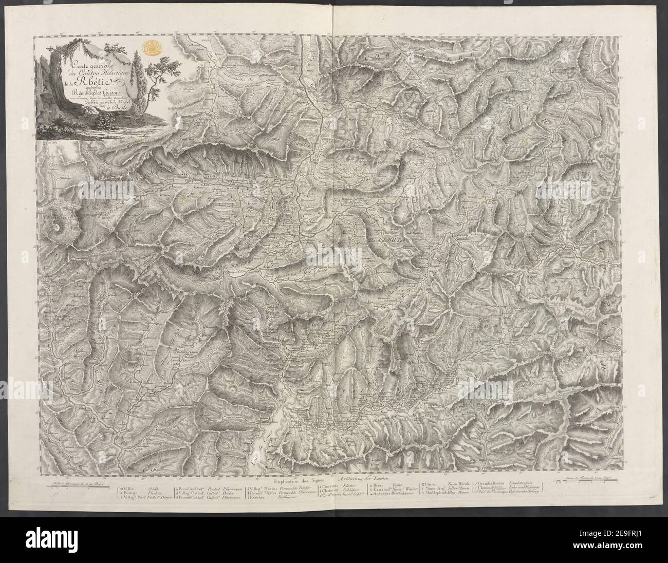Carte geÃÅneÃÅrale du canton HelveÃÅtique de la RheÃÅtie autrefois ReÃÅpublique des Grigions informazioni sulla mappa: Titolo: Carte geÃÅneÃÅrale du canton HelveÃÅtique de la RheÃÅtie autrefois ReÃÅpublique des Grigions 86.26. Luogo di pubblicazione: [Basilea] Editore: publieÃÄe par CH. De Mechel, Data di pubblicazione: En 1802. Tipo di articolo: 1 mappa dimensioni: 54 x 71 cm ex proprietario: Giorgio III, Re di Gran Bretagna, 1738-1820 Foto Stock