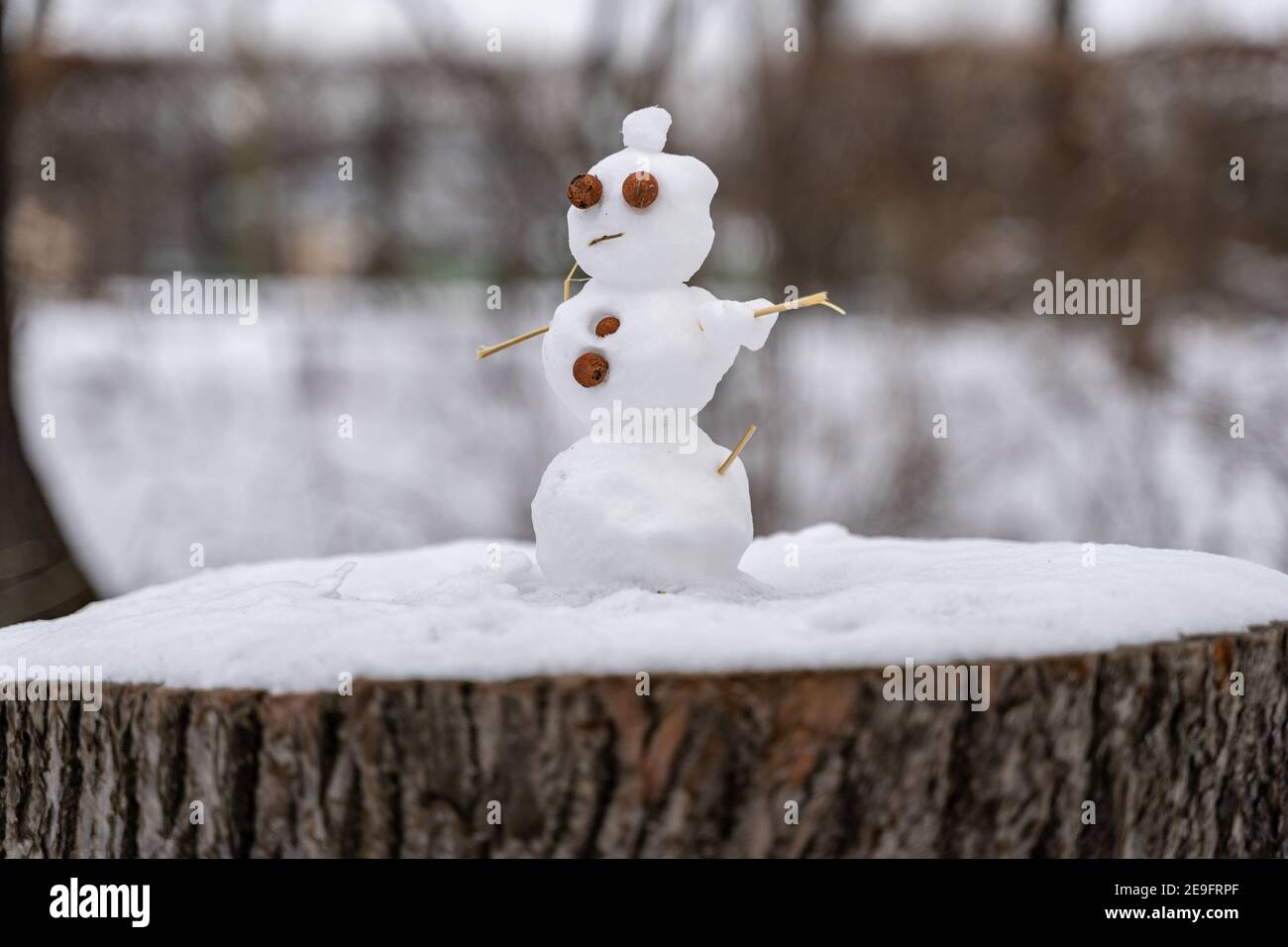Un pupazzo di neve carino piccolo in piedi su un ceppo di albero in a. parcheggia durante la stagione invernale Foto Stock