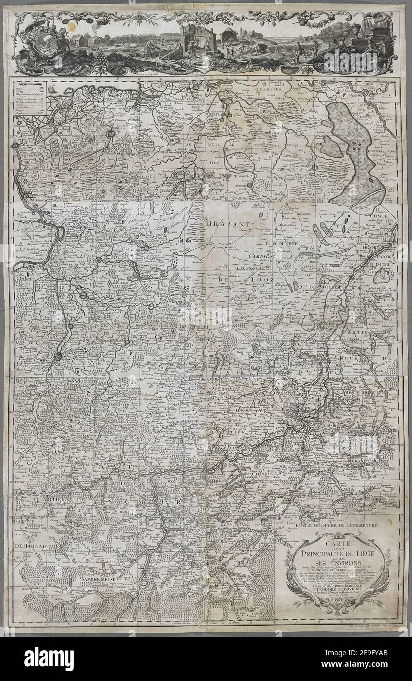 CARTE DE LA PRINCIPAUTEÃÅ DE LIEGE ET DE SES ENVIRONS AUTORE KINTS, EVERARD 91.48.3.2 TAB. Luogo di pubblicazione: [Liegi?] Editore: tireÃÅe des Observations faites sur les lieux par le R. Nicolas LE CLERC, a augmenteÃÅe par un habil Ingenieur, d'une partie Pressive du Brabant, des environs de Berg op zoom, Breda et Boildd, A la quelle on a ajouteÃÅ les Plans des Batailles de Rocour et de Lafeld, les montagnes et ls Ravins, et quantites de villages qui ne se trouvoient pas dans la pretente carte DedieÃÅe A SA SEREN: EMINENCE THEODORE DE BAVIER Foto Stock