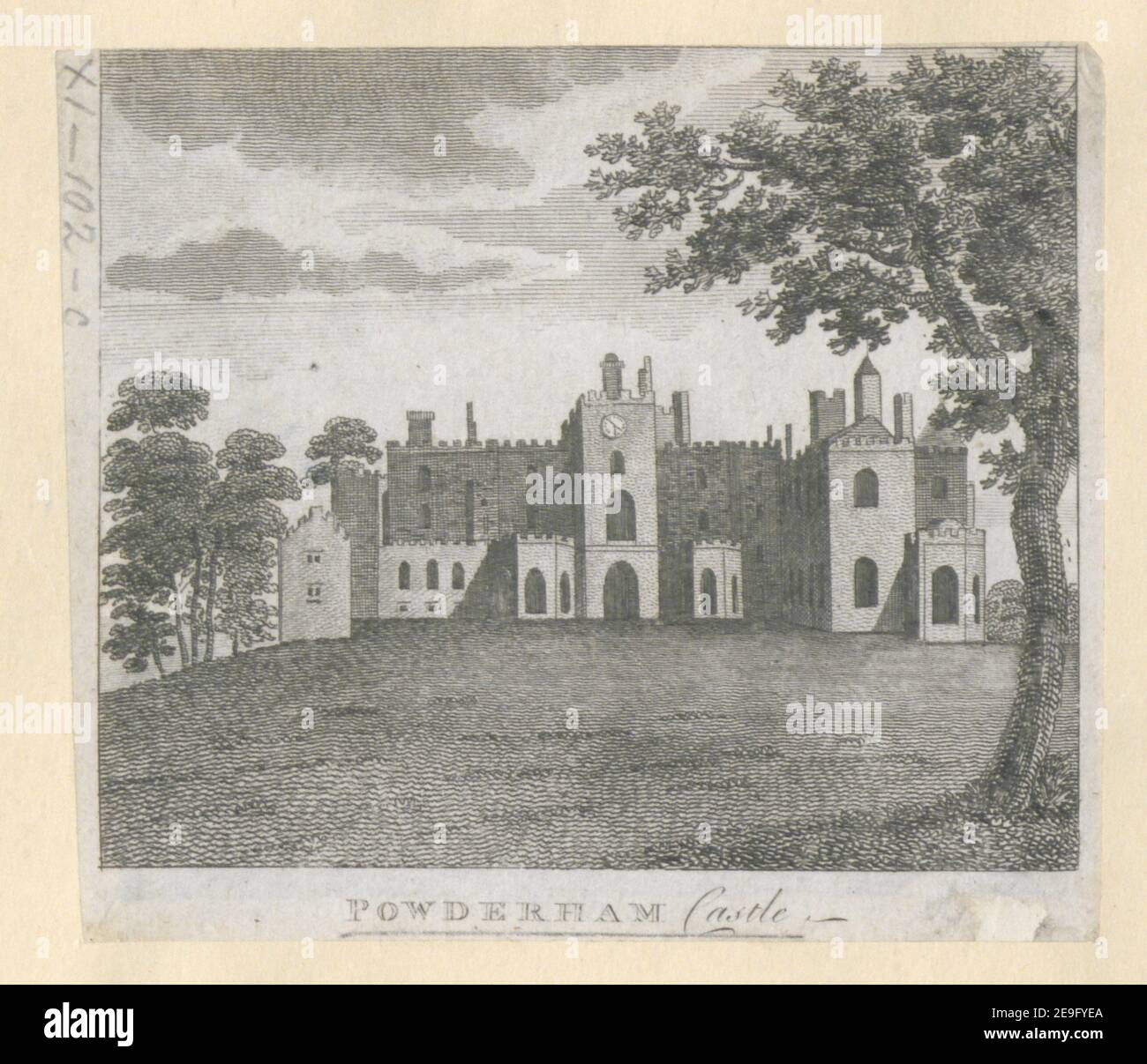 CASTELLO DI POWDERHAM. Informazioni visive: Titolo: CASTELLO DI POWDERHAM. 11.102.c. Luogo di pubblicazione: [Inghilterra] Editore: [Editore non identificato] Data di pubblicazione: [Circa 1790-1800] tipo di articolo: 1 stampa mezzo: Incisione e incisione dimensioni: Foglio 10 x 11 cm ex proprietario: George III, Re di Gran Bretagna, 1738-1820 Foto Stock