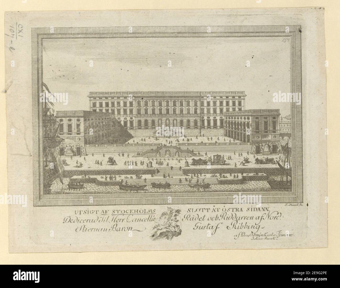 Utsigt af Stockholms Slott at Ostra Sidann autore snack, Johan 111.107.e. Luogo di pubblicazione: [Stoccolma] Editore: [Editore non identificato] Data di pubblicazione: [1783] tipo di articolo: 1 stampa mezzo: Incisione dimensioni: Platemark 12.8 X 15.7 cm; foglio 14 x 19 cm (oblungo 8¬∫) ex proprietario: George III, Re di Gran Bretagna, 1738-1820 Foto Stock