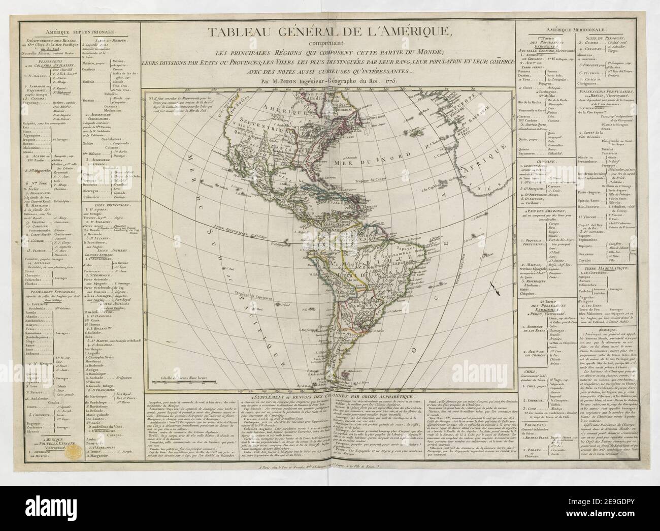 Tableau GEÃÅNEÃÅRAL DE l'AMEÃÅRIQUE autore Brion de la Tour, Luigi 118.21. Luogo di pubblicazione: A Paris Editore: chez le Pere et Avaulez M.ds d'Estampes rue St. Jaque, aÃÄ la Ville de Rouen, Data di pubblicazione: [1775.] Tipo di articolo: 1 mappa mezzo: Incisione su copperplate con colore originale della mano in profilo dimensioni: Foglio 52 x 71 cm, mappa 35 x 43 cm ex proprietario: George III, Re di Gran Bretagna, 1738-1820 Foto Stock