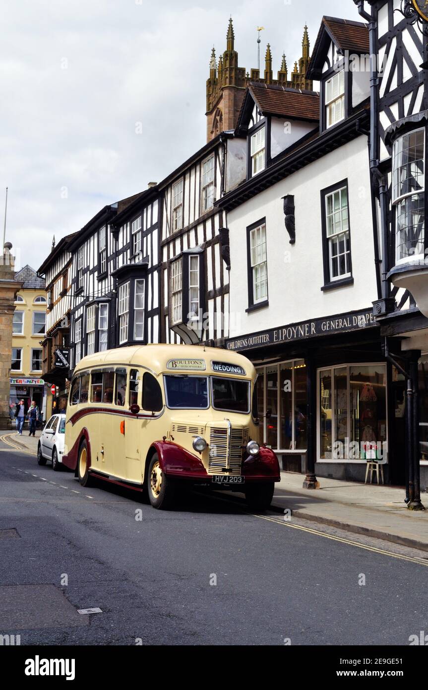 Vista frontale di un pullman Bedford OB degli anni '50 con carrozzeria Dule Vista, raffigurato a Ludlow, Shropshire, in affitto per matrimoni. Foto Stock
