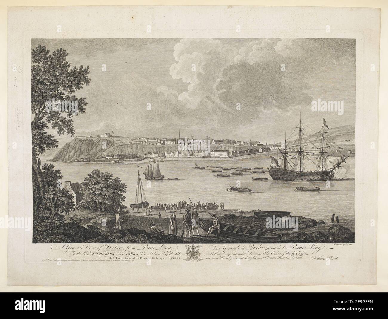 A General View of Quebec from Point Levy, to the Honble Sr CHARLES SAUNDERS Vice Ammiraglio del Blu e Cavaliere del più onorevole Ordine del BAGNO queste dodici viste degli edifici principali in QUEBEC sono mo autore Canot, Pierre Charles 119.39.a.1. Luogo di pubblicazione: [Londra] Editore: 1° settembre 1761. Pubblicato secondo atto del Parlamento da R. Short , venduto da T. Jefferys l'angolo di St Martins Lane, Charing Cross., Data di pubblicazione: [1 settembre 1761] tipo di articolo: 1 stampa mezzo: Incisione e incisione dimensioni: Platemark 36.5 x 53.4 c Foto Stock