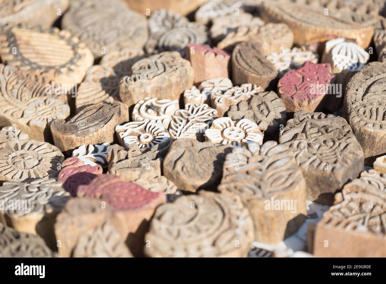 India Jaipur Henna francobolli di legno in vendita Foto Stock