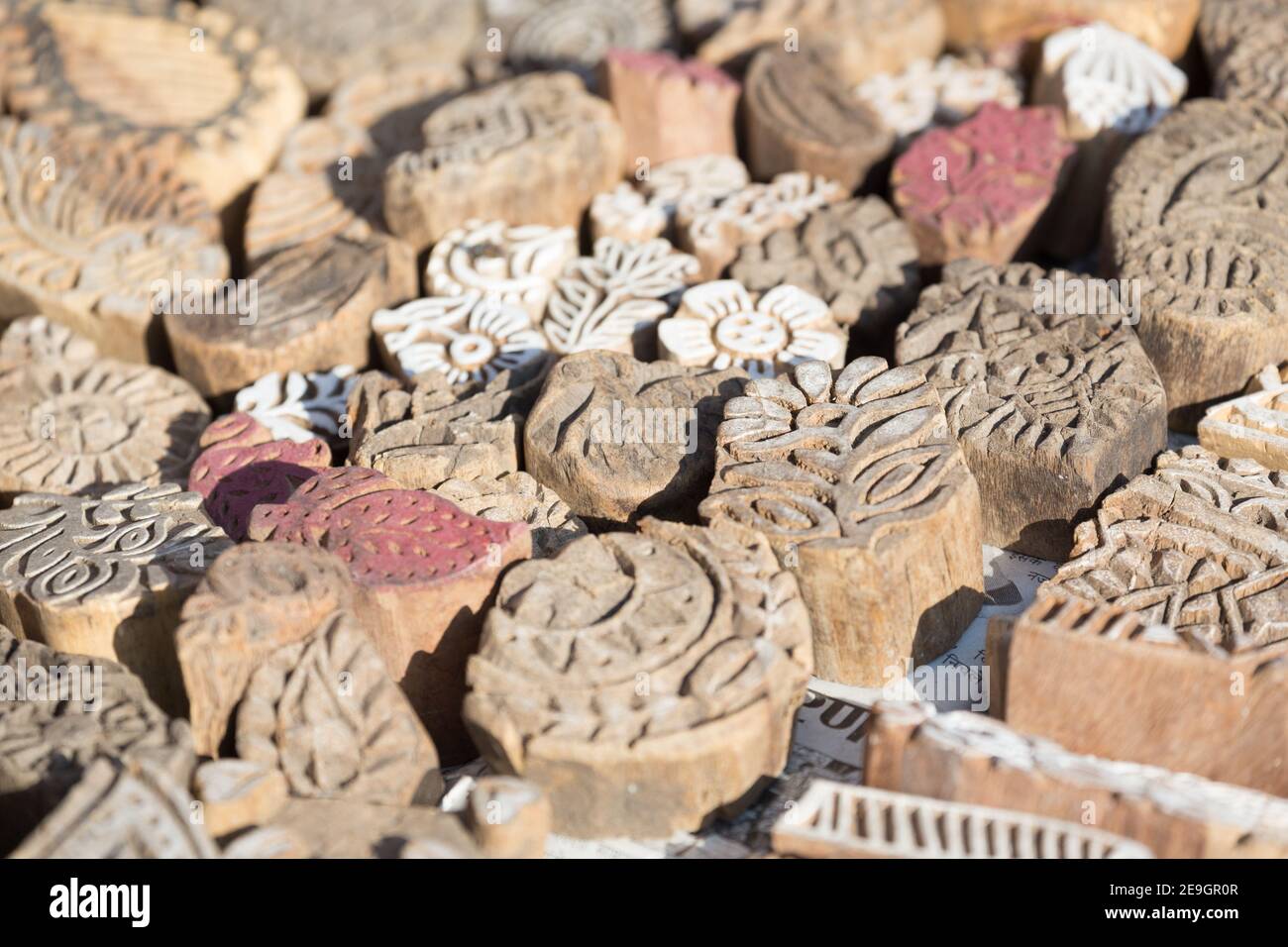 India Jaipur Henna francobolli di legno in vendita Foto Stock