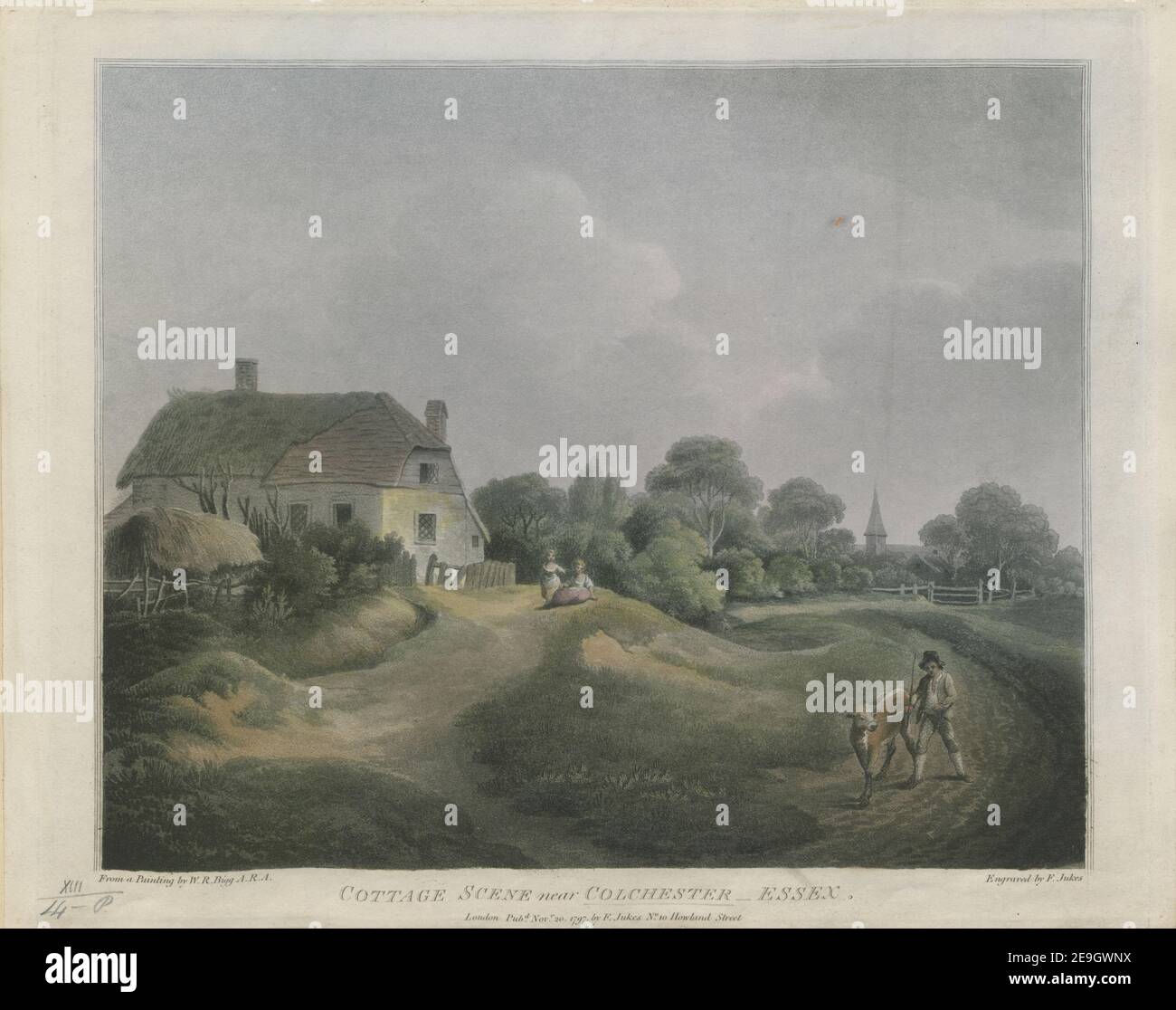 COTTAGE SCENA VICINO A COLCHESTER, ESSEX. Autore Jukes, Francesco 13.14.p. Luogo di pubblicazione: London Editore: Publd Nov 20 1797 by F. Jukes Howland Street., Data di pubblicazione: [Novembre 20 1797] tipo articolo: 1 stampa mezzo: Acquatinta e acquaforte con colorazione a mano dimensioni: Foglio 27.6 x 35.1 cm ex proprietario: George III, Re di Gran Bretagna, 1738-1820 Foto Stock