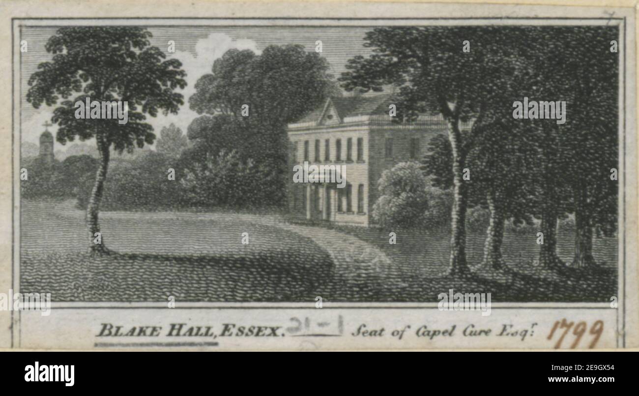 BLAKE HALL, ESSEX. Sede di Capel Cure Esq.r. Informazione materiale visivo: Titolo: BLAKE HALL, ESSEX. - sede di Capel Cure Esq.r. 13.21.1. Luogo di pubblicazione: [London] Editore: [W. Pavone.] Data di pubblicazione: [1799] tipo di articolo: 1 stampa mezzo: Incisione dimensioni: [Rifilata all'interno del platemark] 3.6 x 6.5 cm. Ex proprietario: George III, re di Gran Bretagna, 1738-1820 Foto Stock