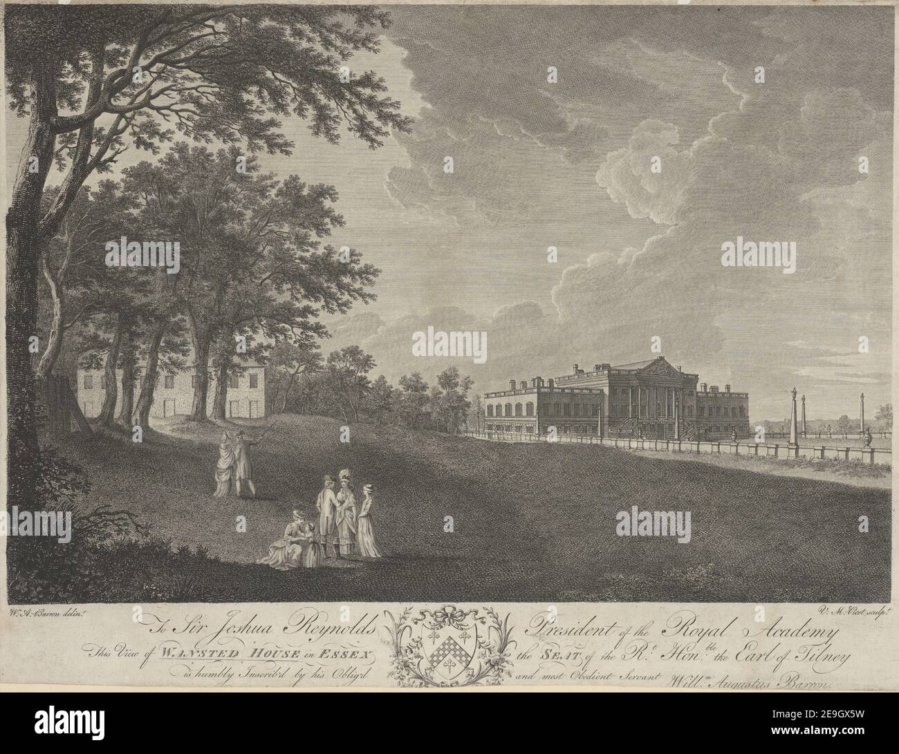 A Sir Joshua Reynolds Presidente della Royal Academy questa veduta della CASA DI WANSTEAD, in ESSEX la SEDE del R.T Hon.ble il conte di Tilney è umilmente Inscriba dal suo Servo Obligo'd e più obbediente, will.m August autore Vicot, V M 13.30.c. Luogo di pubblicazione: [London] Editore: [W. A. Barron ?] Data di pubblicazione: [1768-1792 c.] Tipo di articolo: 1 stampa mezzo: Incisione dimensioni: Foglio 38.2 x 51.0 cm [rifilato all'interno del platemark] ex proprietario: Giorgio III, Re di Gran Bretagna, 1738-1820 Foto Stock