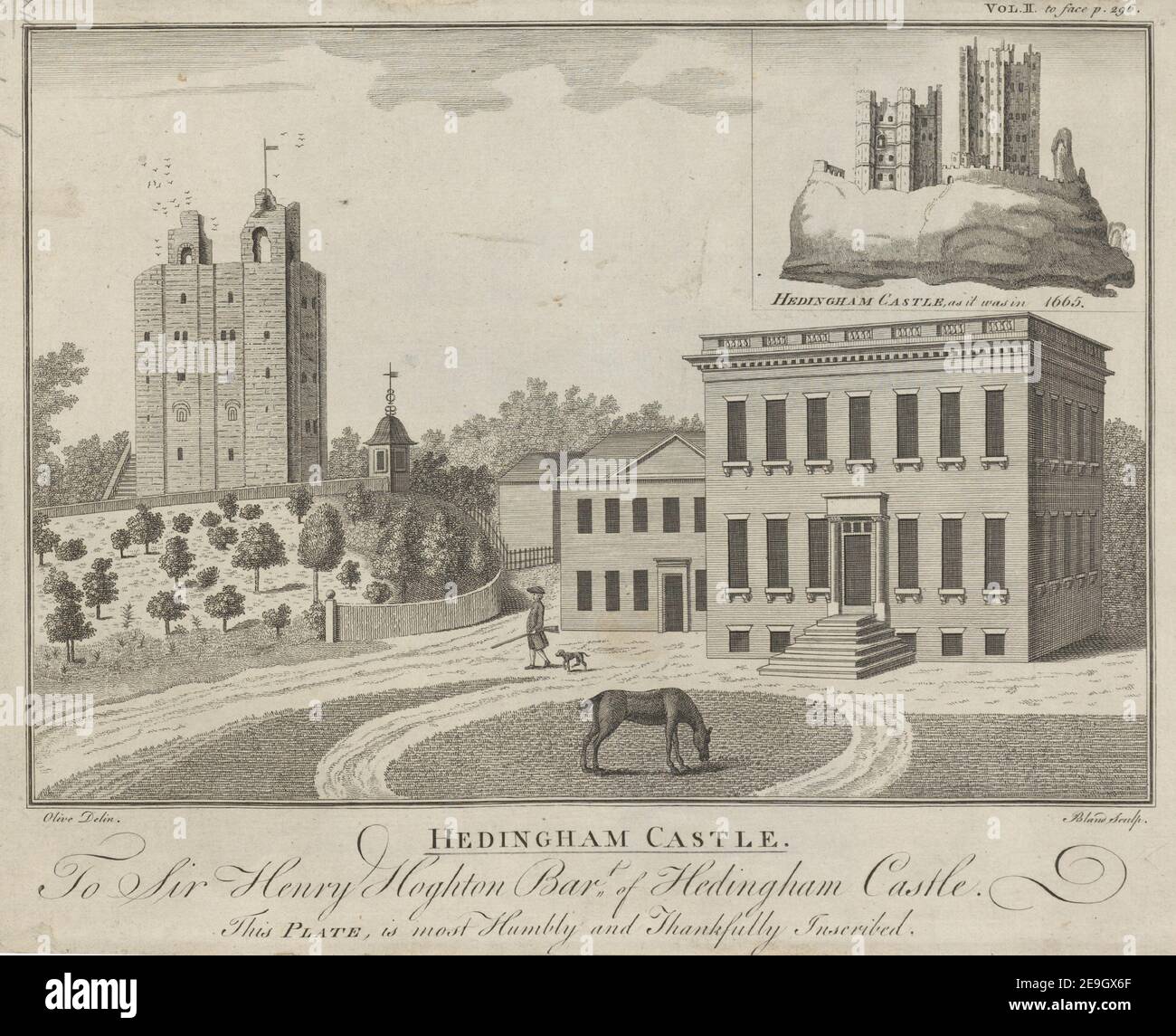 CASTELLO DI HEDINGHAM. Autore blando, Thomas 13.24.1.b. Luogo di pubblicazione: [Chelmsford , Londra] Editore: [Lionel Hassall , F. Newbery] Data di pubblicazione: [1770] tipo di articolo: 1 stampa mezzo: Incisione dimensioni: Foglio 25.0 x 31.7 cm [tagliato all'interno del platemark] ex proprietario: George III, Re di Gran Bretagna, 1738-1820 Foto Stock