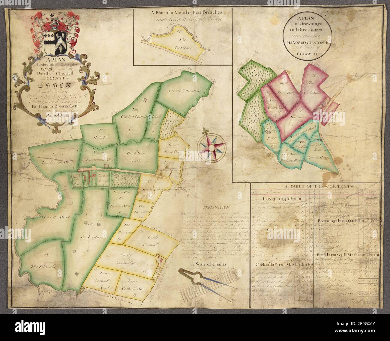 Un disegno colorato, sul vellum, delle Fattorie di Luxbrough e Cocksall, situano nella parrocchia di Chigwell e della contea di Essex essendo la proprietà di Sir Joseph Eyles, Keⁿt intervistato e delineato da thos. Browne, Gent., Bla Mappa informazioni: Titolo: Un piano colorato, sul vellum, di Luxbrough e Cocksall's Farms, situano nella parrocchia di Chigwell e contea di Essex; essendo la proprietà di Sir Joseph Eyles, Keⁿt; esaminato e delineato da thos. Browne, Gent., Blanch Lyon, Pursuivant of Arms, anno Dom. 1727; con un piano separato di Browning's e Bird's Farms, situare nel maniero di Wolston Hall e parrocchia di CH Foto Stock