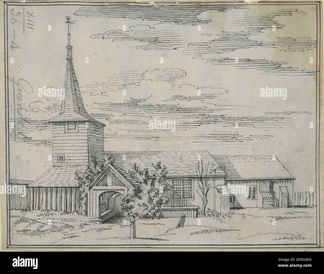 Chiesa di Greensted, Essex . Materiale visivo: Titolo: [Greensted Church, Essex]. 13.36.4. Data di pubblicazione: [Circa 1760-1780] tipo di articolo: 1 disegno mezzo: Penna e inchiostro nero dimensioni: Foglio 16.7 x 21.4 cm ex proprietario: George III, Re di Gran Bretagna, 1738-1820 Foto Stock
