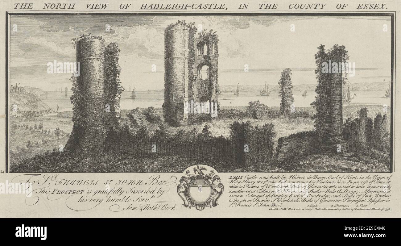 LA VISTA NORD DEL CASTELLO DI HADLEIGH, NELLA CONTEA DI ESSEX. Autore Buck, Samuel 13.37. Luogo di pubblicazione: [London] Editore: Pubblicato secondo la legge del Parlamento 25 marzo, Data di pubblicazione: 1738. Tipo articolo: 1 stampa mezzo: Incisione e incisione dimensioni: Platemark 19.5 x 36.6 cm. Ex proprietario: George III, re di Gran Bretagna, 1738-1820 Foto Stock