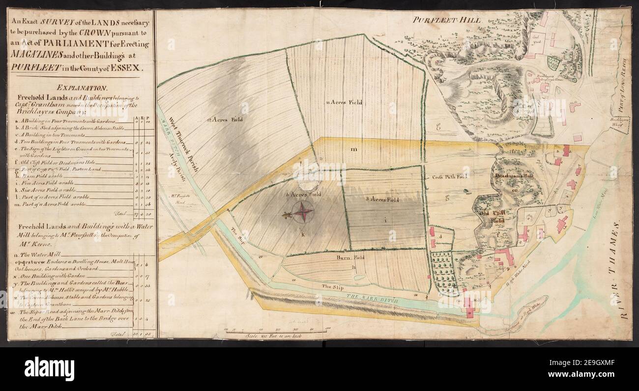 UN'INDAGINE esatta dei TERRENI necessari per essere acquistati dalla CORONA ai sensi di una legge DEL PARLAMENTO per la costruzione DI RIVISTE e altri edifici a PURFLEET nella contea DI ESSEX. Informazioni sulla mappa: Titolo: UN'INDAGINE esatta dei TERRENI necessari per essere acquistati dalla CORONA ai sensi di una legge DEL PARLAMENTO per la costruzione DI RIVISTE E altri edifici a PURFLEET nella contea DI ESSEX. 13.48.b. Data di pubblicazione: [c.. 1760.] Tipo di articolo: 1 mappa mezzo: Penna e inchiostro con lavaggio colorato dimensioni: 49.0 x 70.2 cm ex proprietario: George III, Re di Gran Bretagna, 17 Foto Stock