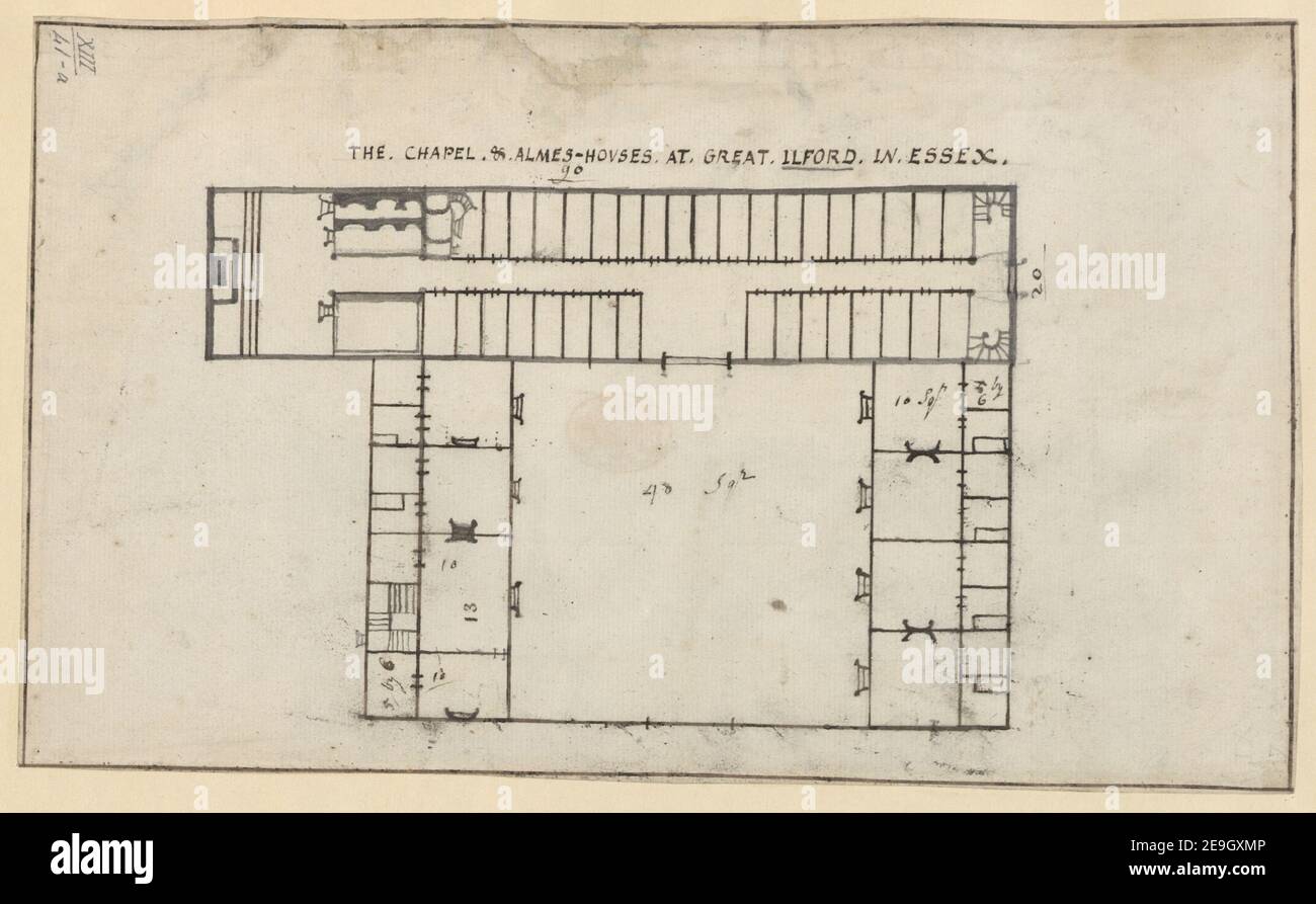 LA CAPPELLA, & ALMES CASE. AL GRANDE ILFORD, IN ESSEX. Informazioni sulla mappa: Titolo: LA CAPPELLA, , ALMES-CASE. AL GRANDE ILFORD, IN ESSEX. 13.41.a. Data di pubblicazione: [1680-1760 c.] Tipo di articolo: 1 mappa mezzo: Penna e inchiostro dimensioni: 16.1 x 26.7 cm ex proprietario: George III, Re di Gran Bretagna, 1738-1820 Foto Stock