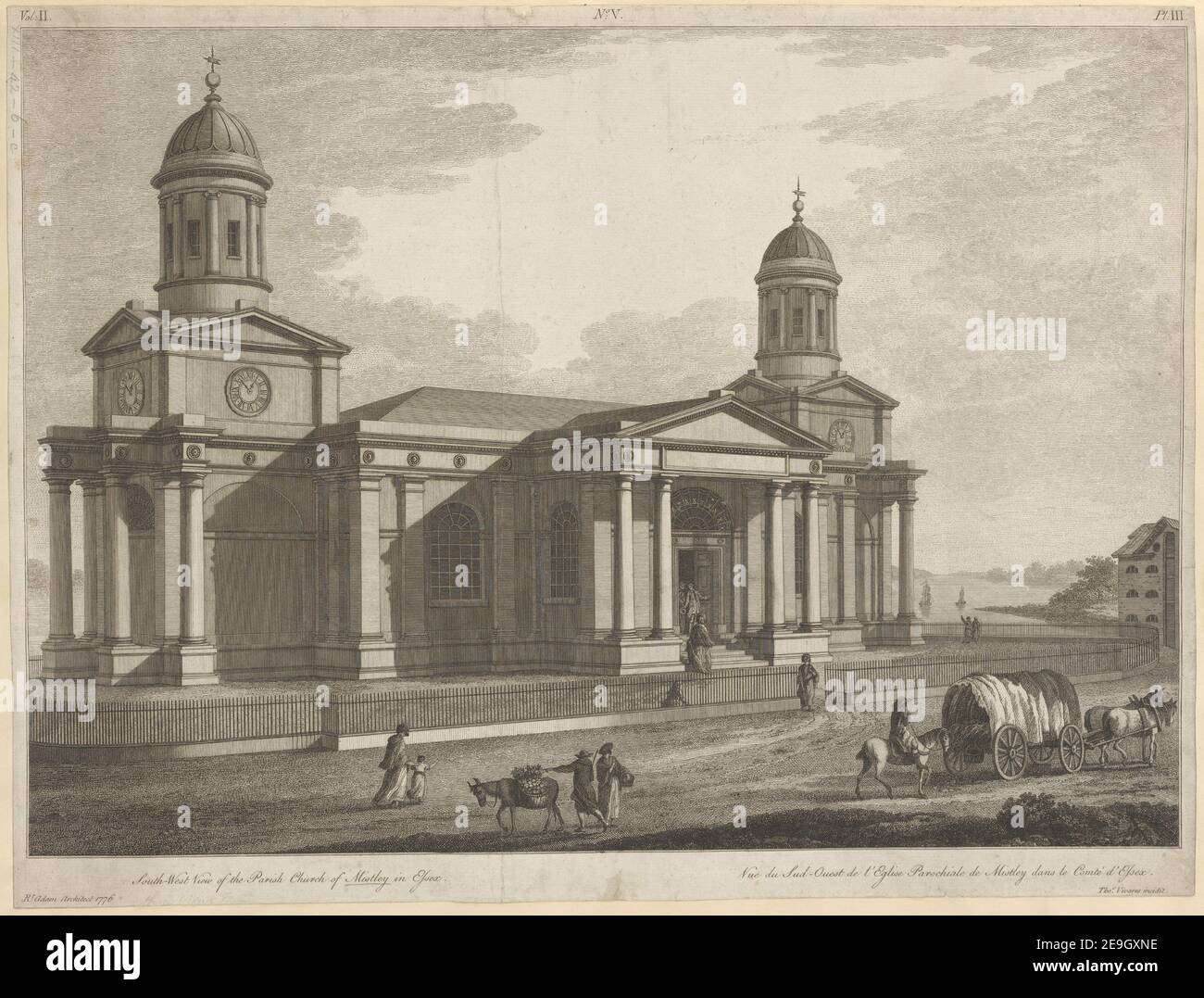 Vista sud-ovest della Chiesa Parrocchiale di Mistley in Essex. = Vue du Sud Ouest de l'Eglise Parochiale de Mistley dans le ComteÃÅ d'Essex autore VivareÃÄs, Thomas 13.42.6.c. Luogo di pubblicazione: [London] Editore: [R. Adam] Data di pubblicazione: [1778-1779 c.] Tipo di articolo: 1 stampa mezzo: Incisione e incisione dimensioni: Foglio 43.7 x 57.6 cm [rifilato all'interno del platemark] ex proprietario: George III, Re di Gran Bretagna, 1738-1820 Foto Stock