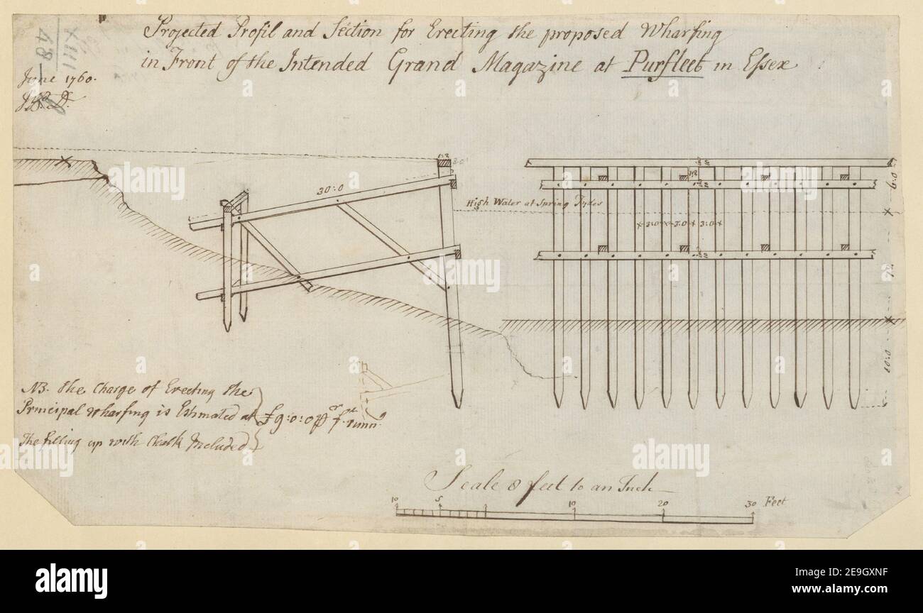 Progetto Profil e Sezione per la costruzione del prospero Wharfing di fronte al Grand Magazine previsto a Purfleet in Essex. Autore Desmaretz, J. P. 13.48.l. Data di pubblicazione: [1760] tipo di articolo: 1 disegno mezzo: Penna e inchiostro dimensioni: Foglio 18.5 x 31.0 cm ex proprietario: George III, Re di Gran Bretagna, 1738-1820 Foto Stock