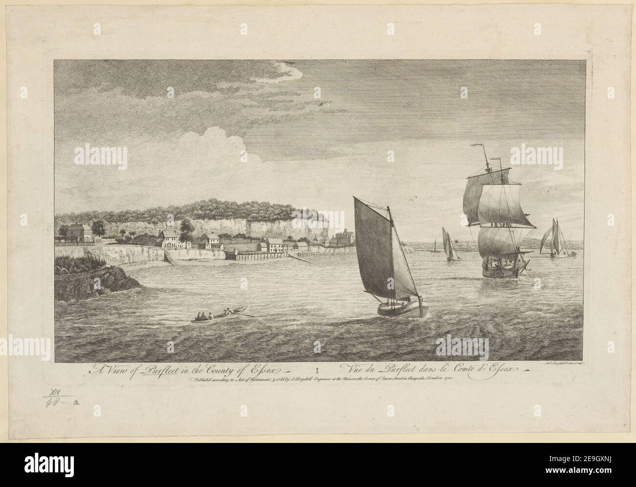 A View of Purfleet nella contea di Essex = VuÃàe du Purfleet dans le ComteÃÅ d'Essex. Autore Boydell, Giovanni 13.48.a. Luogo di pubblicazione: [London] Editore: Pubblicato secondo atto del Parlamento, , venduto da J. Boydell incisore all'Unicorn l'angolo di Queen Street a Cheapside, Londra, Data di pubblicazione: 1752. Tipo articolo: 1 stampa mezzo: Incisione dimensioni: Platemark 25.4 x 44.2 cm. Ex proprietario: George III, re di Gran Bretagna, 1738-1820 Foto Stock