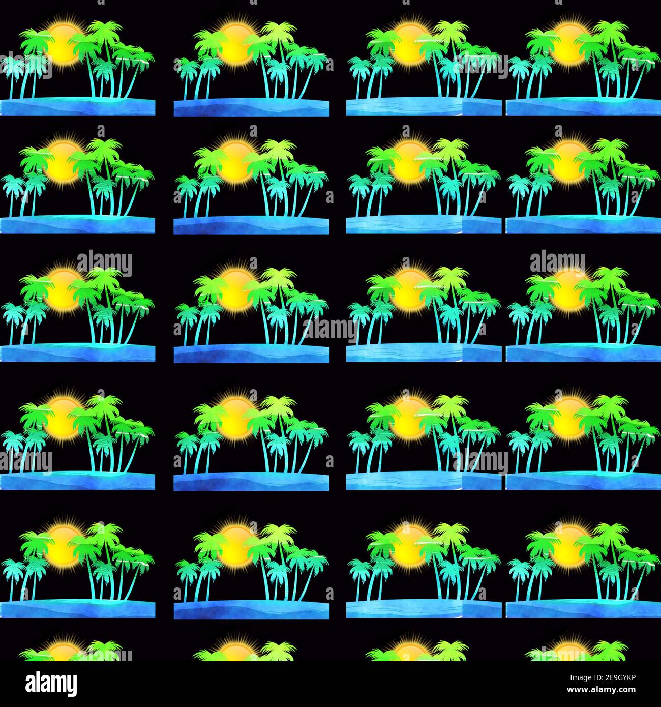 Illustrazione delle palme, dell'oceano e del tramonto su sfondo nero Foto Stock