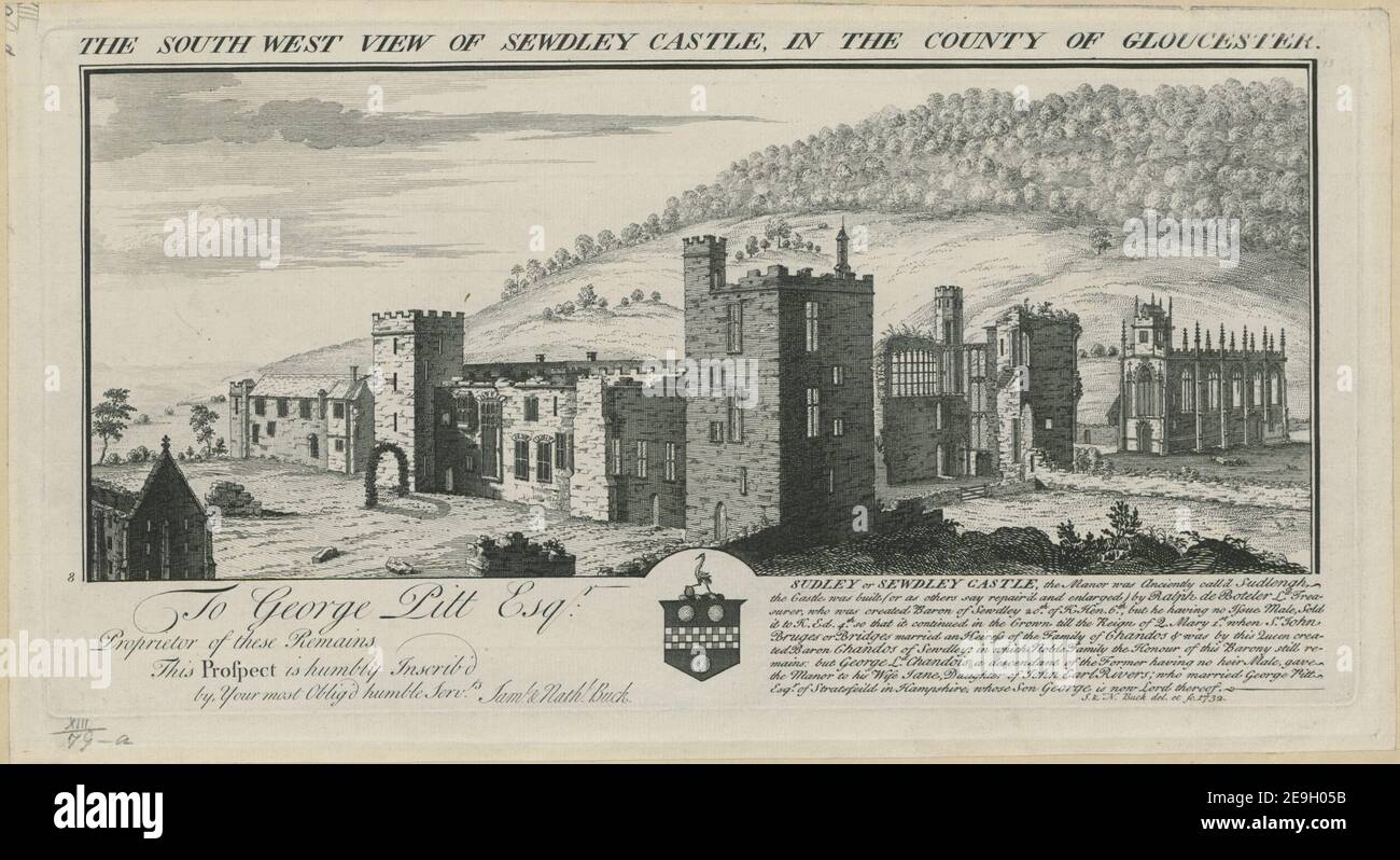 VISTA SUD-OVEST DEL CASTELLO DI SEWDLEY NELLA CONTEA DI GLOUCESTER. Autore Buck, Samuel 13.79.a. Luogo di pubblicazione: [Inghilterra] Editore: [Editore non identificato] Data di pubblicazione: [1732] tipo di articolo: 1 stampa mezzo: Incisione e incisione dimensioni: Platemark 19.2 x 37.4 cm, su foglio 21.2 x 39.5 cm. Ex proprietario: George III, re di Gran Bretagna, 1738-1820 Foto Stock