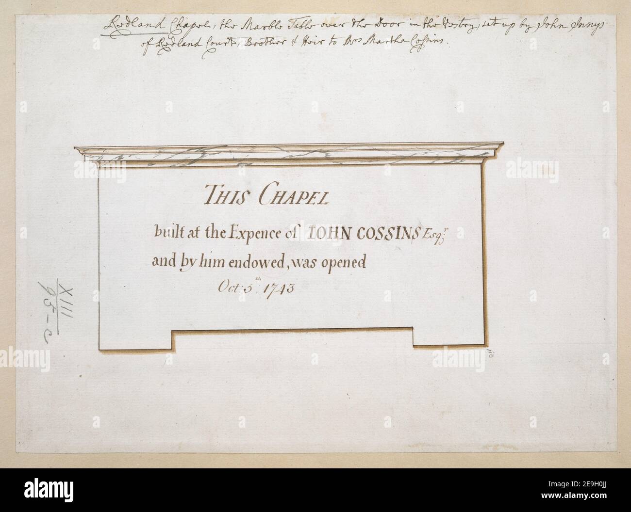 Redland Chapel, la tavoletta di marmo sopra la porta nel Vestry, istituito da John Innys di Redland Court, fratello ed erede della signora Martha Cossins. Autore Paty, Thomas 13.95.c.. Data di pubblicazione: [Circa 1762] tipo di articolo: 1 disegno mezzo: Penna con inchiostro nero e marrone e lavaggio dimensioni: Foglio 18.6 x 25.6 cm ex proprietario: George III, Re di Gran Bretagna, 1738-1820 Foto Stock