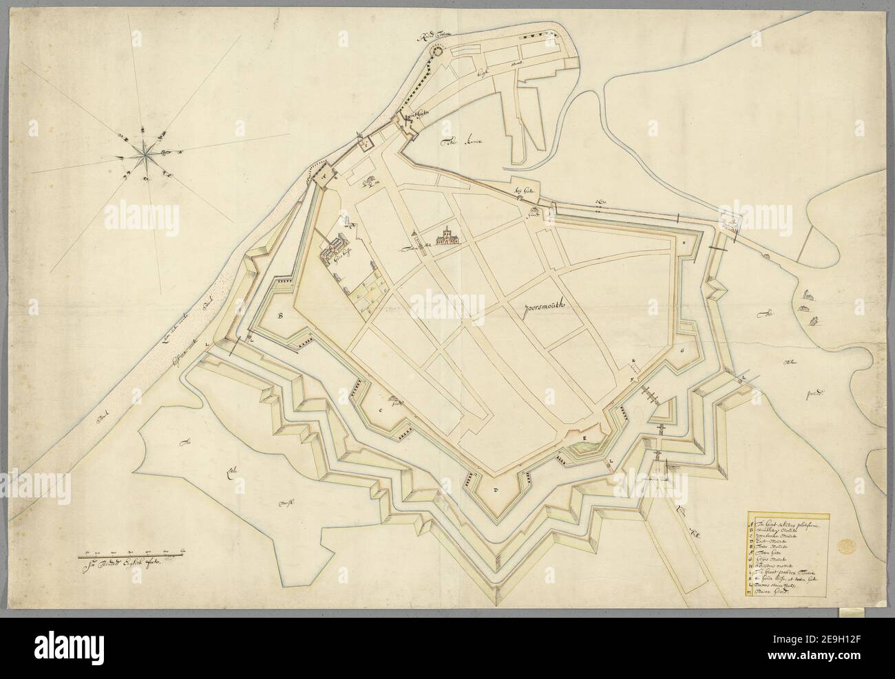 Una pianta colorata delle fortificazioni della città di Portsmouth . Autore De Gomme, Bernard 14.33. Luogo di pubblicazione: [Inghilterra], Data di pubblicazione: [c. 1660-1685] tipo di articolo: 1 mappa mezzo: Penna colorata a mano e inchiostro disegno dimensioni: 67 x 99 cm ex proprietario: George III, Re di Gran Bretagna, 1738-1820 Foto Stock
