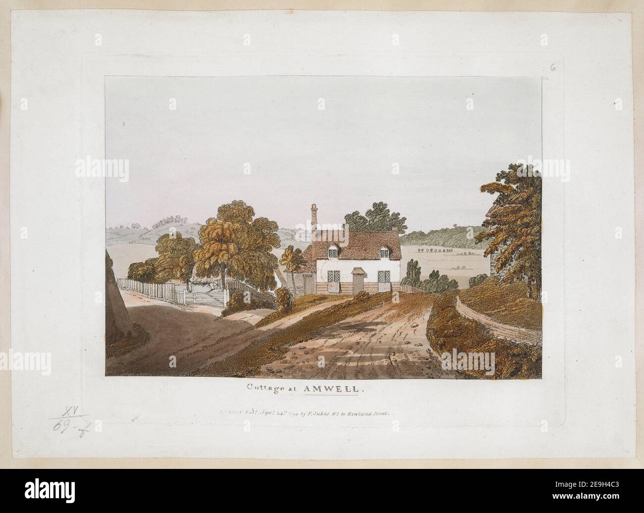 Cottage a AMWELL. Autore Jukes, Francis 15.69.F. Luogo di pubblicazione: [Inghilterra] Editore: [Editore non identificato] Data di pubblicazione: [Circa 1793-1794] tipo articolo: 1 stampa mezzo: Acquatinto e acquaforte con colorazione a mano dimensioni: Platemark 20 x 26 cm, su foglio 24.2 x 33.7 cm ex proprietario: George III, Re di Gran Bretagna, 1738-1820 Foto Stock