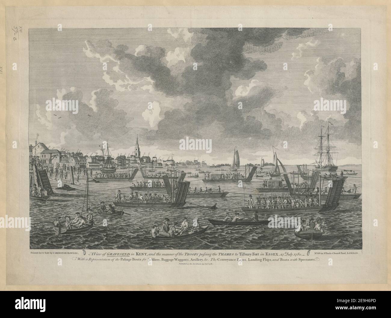 A View of Gravesend in KENT, e la maniera delle TRUPPE che passano IL TAMIGI a Tilbury Fort in ESSEX, 27 luglio 1780, materiale visivo informazioni: Titolo: A View of Gravesend in KENT, e la maniera delle TRUPPE che passano IL TAMIGI a Tilbury Fort in ESSEX, 27 luglio 1780, ; 16.57.c. Luogo di pubblicazione: [London] Editore: Stampato per , venduto da CARINGTON BOWLES, n° 69 a St. Pauls Church Yard, LONDRA. ; Publish'd as the Act directs, 23 gennaio, Data di pubblicazione: 1781. Tipo articolo: 1 stampa mezzo: Incisione e incisione dimensioni: Platemark 37.2 x 52.7 Foto Stock