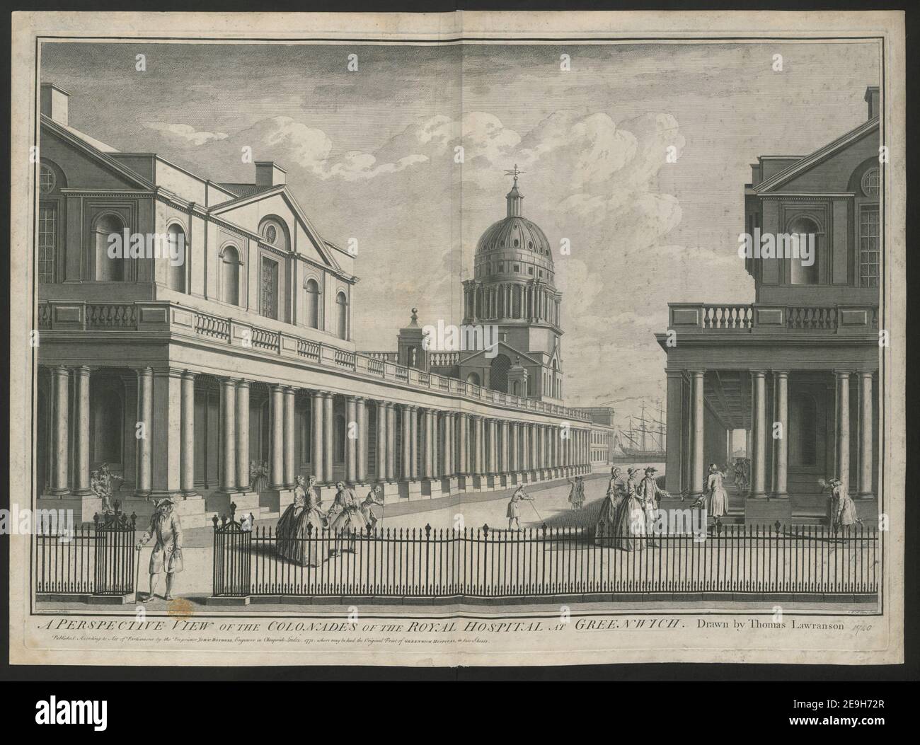 UNA VISIONE PROSPETTICA DEI COLONADES DEL ROYAL HOSPITAL DI GREENWICH. Autore Toms, W. H. 17.1-3.l. Luogo di pubblicazione: [Londra] Editore: Pubblicato secondo la legge del Parlamento dal Proprietor, JOHN BOYDELL, incisore a Cheapside Londra, 1771, dove può essere avuto la stampa originale dell'OSPEDALE DI GREENWICH in due fogli., Data di pubblicazione: [1734.] Tipo articolo: 1 stampa mezzo: Incisione e incisione dimensioni: Platemark 50.3 x 70.1 cm ex proprietario: Giorgio III, Re di Gran Bretagna, 1738-1820 Foto Stock