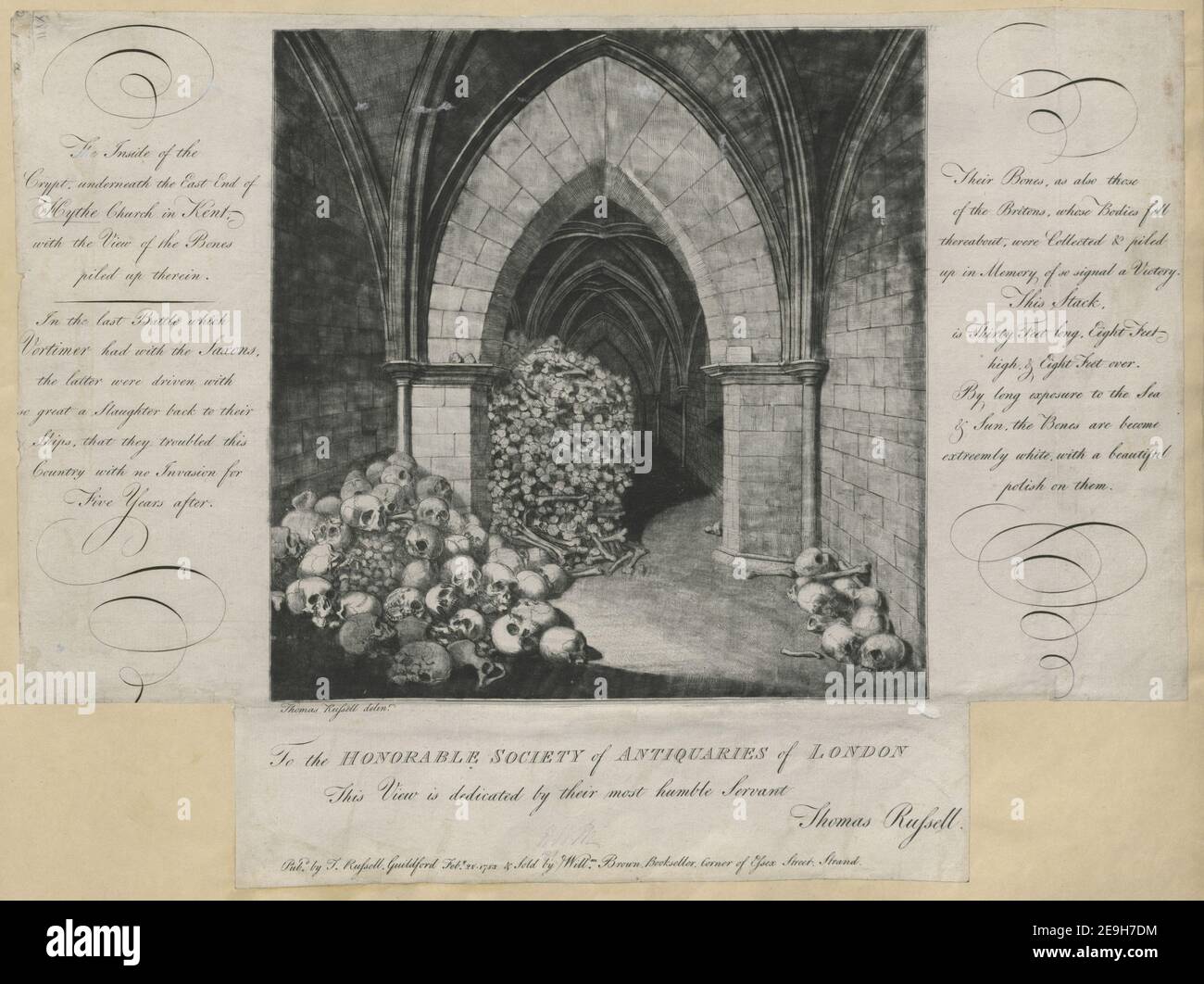L'interno della Cripta, sotto l'estremità orientale della Chiesa di Hythe nel Kent, con la vista dei Bones accumulata in esso. Autore Russell, Thomas 17.2.1.a. Luogo di pubblicazione: [Guildford] Editore: Pub.d di T. Russell, Guildford, Feb..y. 28. 1783 , venduto da Will.m Brown, Bookseller, angolo di Essex Street, Strand., Data di pubblicazione: [1783.] Tipo di articolo: 1 stampa mezzo: Incisione e mezzotinta dimensioni: Foglio 37.0 x 49.5 cm [rifilato all'interno del platemark] ex proprietario: George III, Re di Gran Bretagna, 1738-1820 Foto Stock