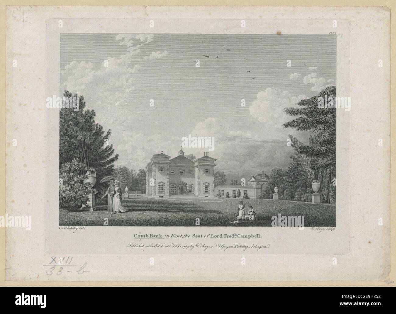 Comb Bank nel Kent, la sede del Signore Fred.k Campbell. Autore Angus, William 17.33.b. Luogo di pubblicazione: [London] Editore: Pubblicato come l'atto dirige febbraio 1. 1787, di W. Angus, No. 4 Gwynne's Buildings, Islington., Data di pubblicazione: [1787] tipo di articolo: 1 stampa mezzo di stampa: Incisione dimensioni: Platemark 15.8 x 20.2 cm ex proprietario: George III, Re di Gran Bretagna, 1738-1820 Foto Stock