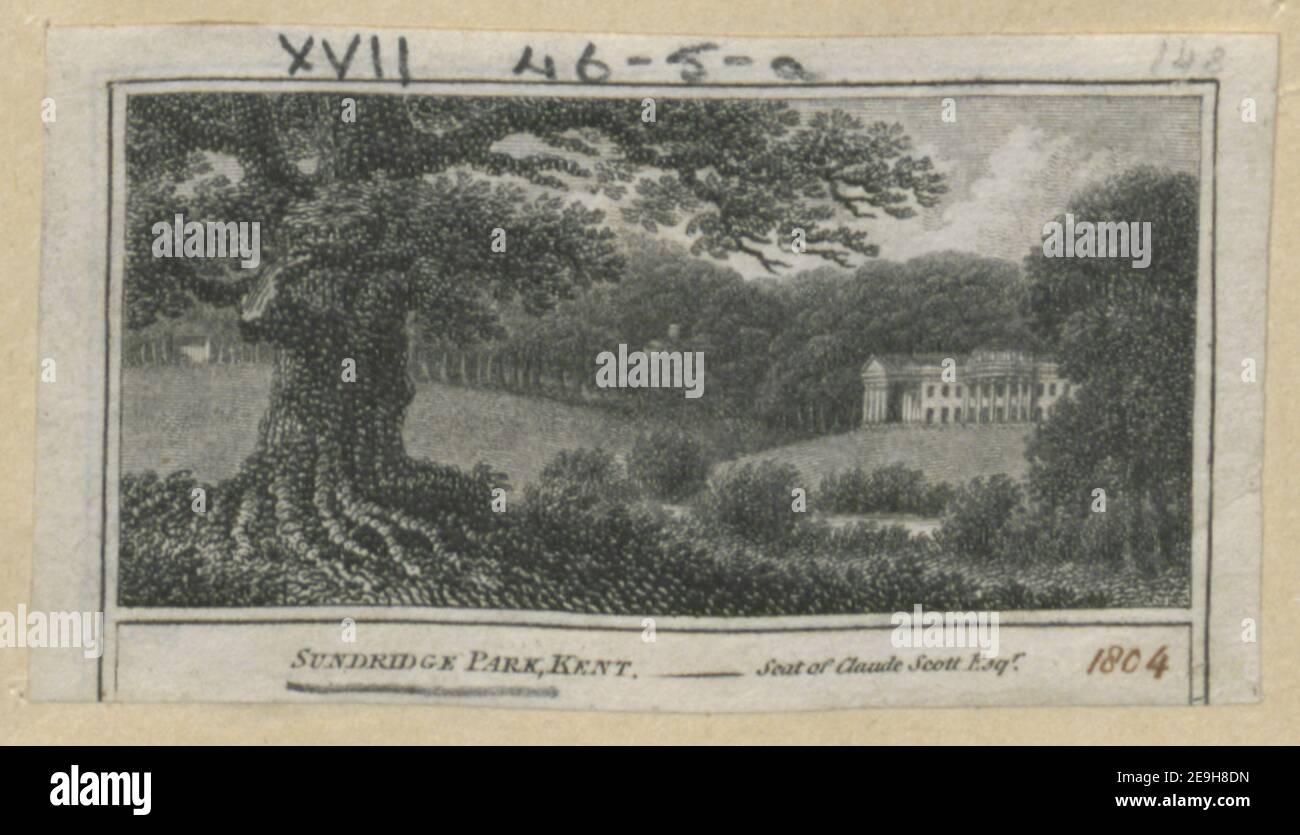 SUNDRIDGE PARK, KENT, materiale visivo informazioni: Titolo: SUNDRIDGE PARK, KENT, ; 17.46.5.a. Luogo di pubblicazione: [London] Editore: [W. Peacock]., Data di pubblicazione: [1804] tipo di articolo: 1 stampa mezzo: Incisione dimensioni: Foglio 3.9 x 6.9 cm [rifilato all'interno del platemark]. Ex proprietario: George III, re di Gran Bretagna, 1738-1820 Foto Stock