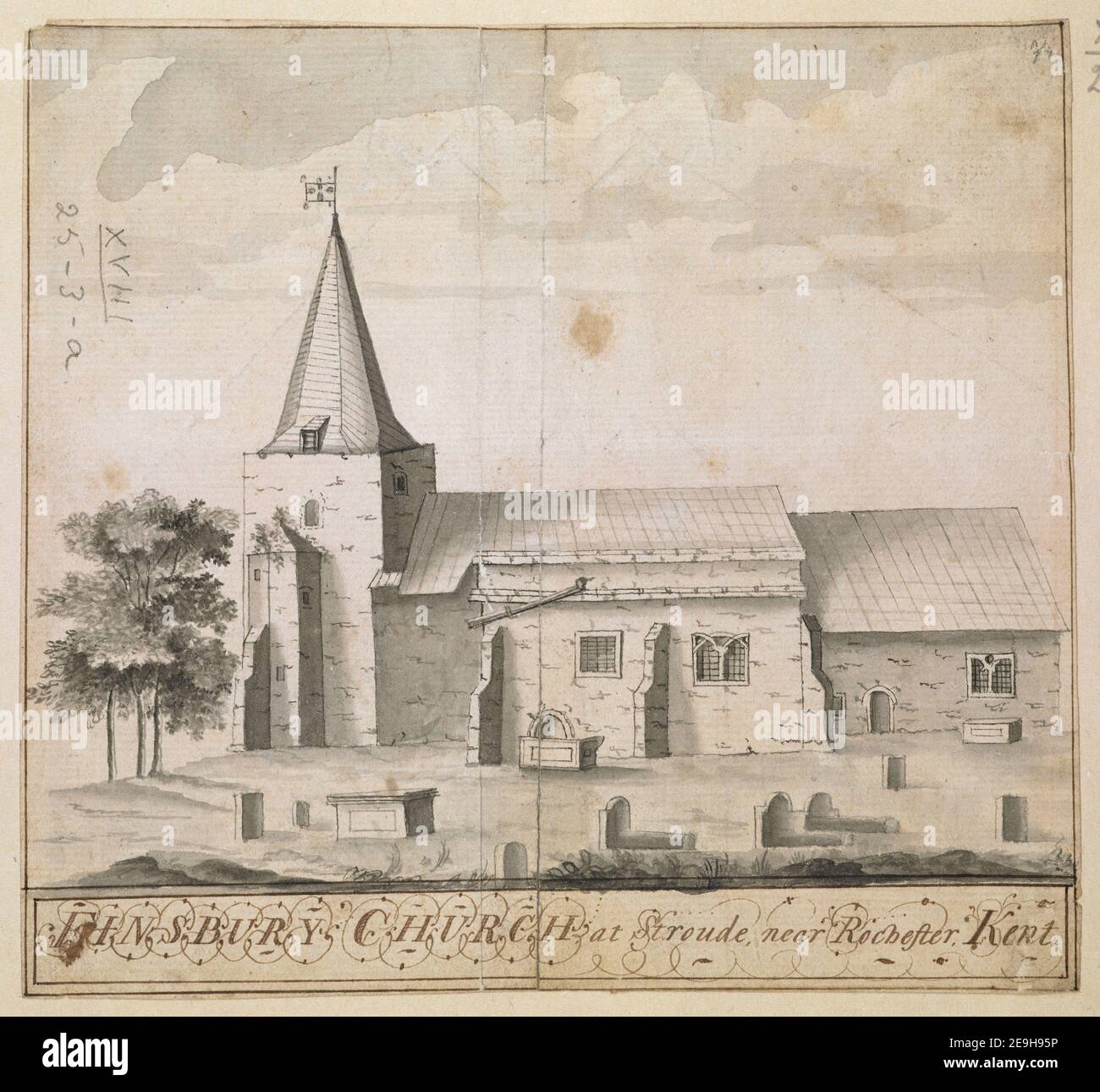 Chiesa di FRINSBURY a Straude vicino a Rochester, Kent. Materiale visivo: Titolo: CHIESA di FRINSBURY a Strude vicino a Rochester, Kent. 18.25.3.a. Data di pubblicazione: [Circa 1720-1760] tipo di articolo: 1 disegno mezzo: Penna con inchiostro nero e marrone e lavaggio monocromatico dimensioni: Foglio 14.4 x 15.9 cm ex proprietario: George III, Re di Gran Bretagna, 1738-1820 Foto Stock