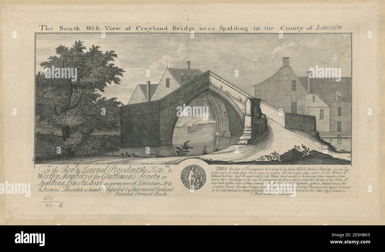 Vista sud-ovest del Croyland Bridge vicino a Spalding nella contea di Lincoln. Autore Buck, Samuel 19.24.k. Luogo di pubblicazione: [London] Editore: [S. Buck] Data di pubblicazione: [1726] tipo di articolo: 1 stampa mezzo: Incisione e incisione dimensioni: Platemark 19.0 x 36.3 cm. Ex proprietario: George III, re di Gran Bretagna, 1738-1820 Foto Stock