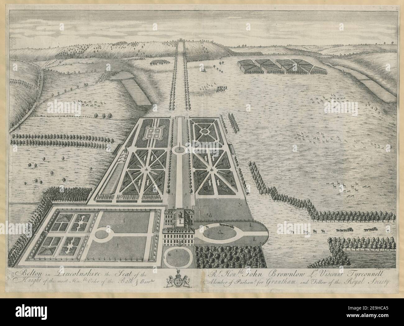 Belton nel Lincolnshire la sede della R.t Hon.Ble John Brownlow Ld Visconte Tyrconnell Cavaliere dell'ordine più onorato del Bath & Barr.tus membro del Parlamento per Grantham e membro della Royal Society. Autore Harris, John 19.35.b. Luogo di pubblicazione: [London] Editore: [John Wilcox in the Strand, George Foster at the White Horse in St Paul's Church Yard, and Henry Chappelle in Grosvenor Street], Data di pubblicazione: [1739 c.] Tipo articolo: 1 stampa mezzo: Incisione e incisione dimensioni: Platemark 44.6 x 60.6 cm ex proprietario: George III, Ki Foto Stock