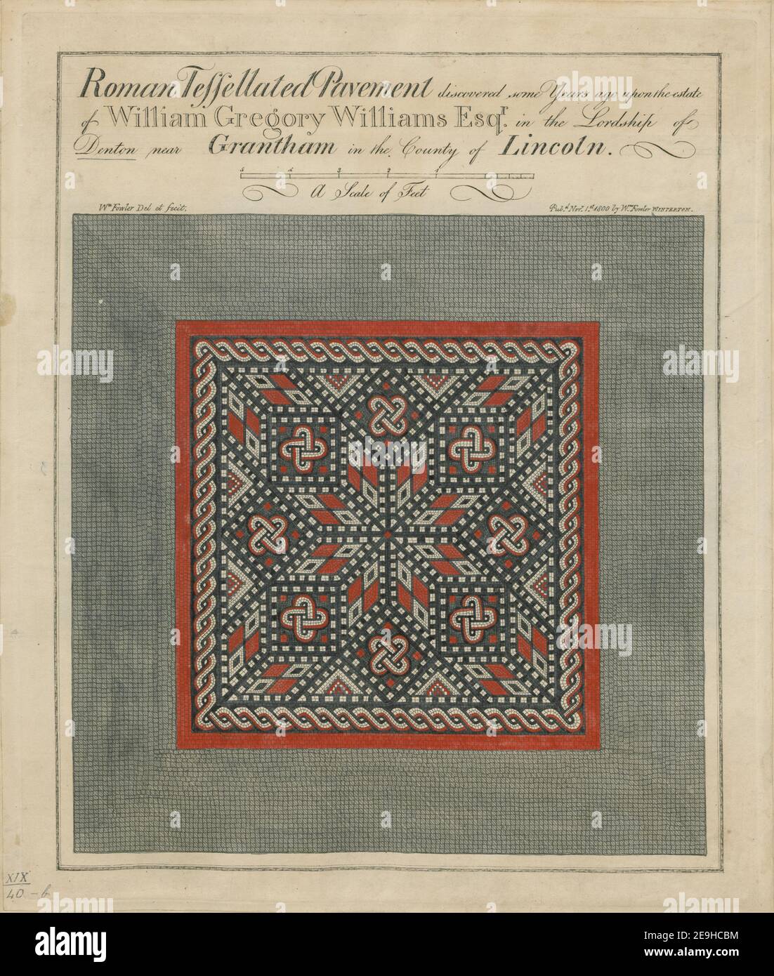 Pavimentazione tessellata romana scoperto alcuni anni fa sulla proprietà di William Gregory Williams Esqr nella Signoria di Denton vicino Grantham nella contea di Lincoln. Autore Fowler, William 19.40.b. Luogo di pubblicazione: [Winterton] Editore: Publd Novr 1° 1800 di Wm Fowler WINTERTON., Data di pubblicazione: [1 novembre 1800] tipo articolo: 1 stampa mezzo: Incisione con colorazione a mano dimensioni: Platemark 44.5 x 37.1 cm, su foglio 45.8 x 38.8 cm ex proprietario: George III, Re di Gran Bretagna, 1738-1820 Foto Stock