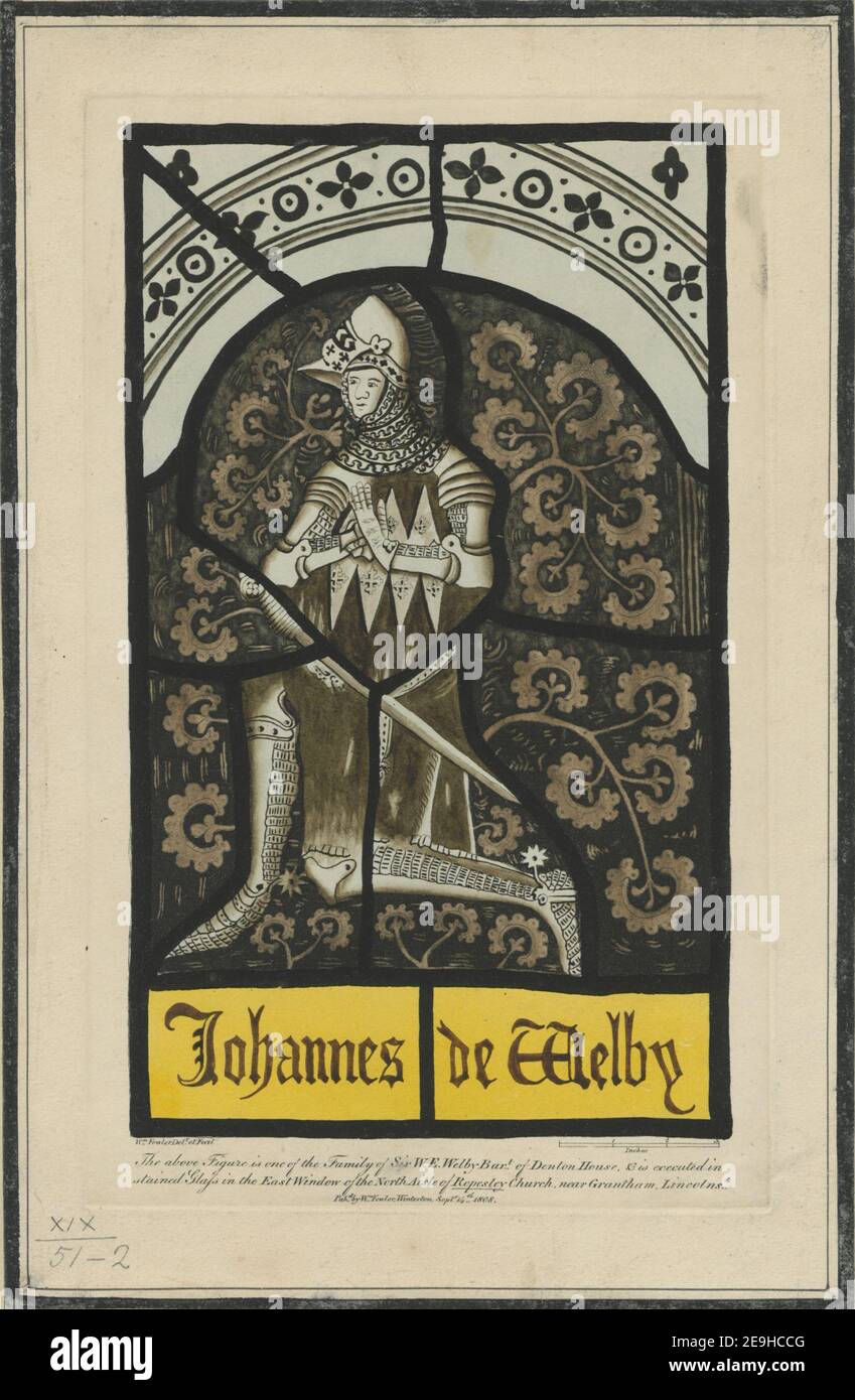 La figura precedente è una della famiglia di Sir W.E. Welby Bart di Denton House, & è eseguito in vetro colorato sulla finestra Est della navata Nord della Chiesa di Ropesley vicino Grantham, Lincolnshire. Autore Fowler, William 19.51.2. Luogo di pubblicazione: [Winterton] Editore: Pubblicato da Wm Fowler, Winterton, Data di pubblicazione: 14 settembre 1808. Tipo articolo: 1 stampa mezzo: Incisione con colorazione a mano dimensioni: Platemark 26.2 x 16.2 cm, su foglio 30.8 x 20.2 cm ex proprietario: Giorgio III, Re di Gran Bretagna, 1738-1820 Foto Stock