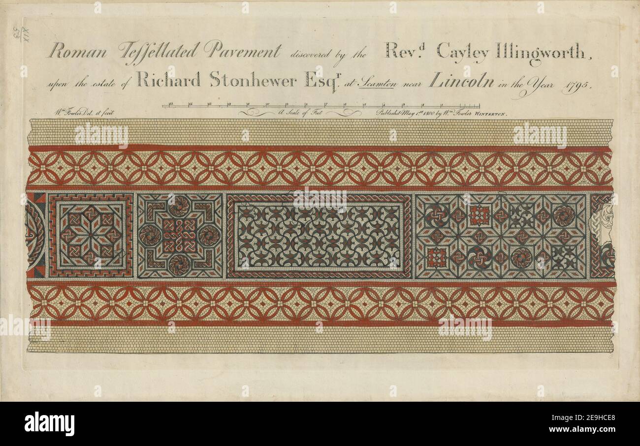 Pavimentazione romana tessellata scoperta dal Revd Cayley Illingworth, sulla proprietà di Richard Stonehewer a Scanton vicino Lincoln nell'anno 1795. Autore Fowler, William 19.53. Luogo di pubblicazione: [Winterton] Editore: Pubblicato entro il 1° maggio 1800 da Wm Fowler, WINTERTON., Data di pubblicazione: [1 maggio 1800] tipo articolo: 1 stampa mezzo: Incisione con colorazione a mano dimensioni: Platemark 29.8 x 49.8 cm, su foglio 33.7 x 53.9 cm ex proprietario: George III, Re di Gran Bretagna, 1738-1820 Foto Stock