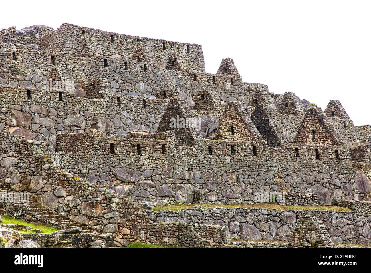 Machu Picchu, dettaglio dal peruviano città inca, sito patrimonio mondiale dell'UNESCO, la valle sacra, regione di Cusco, Perù Foto Stock