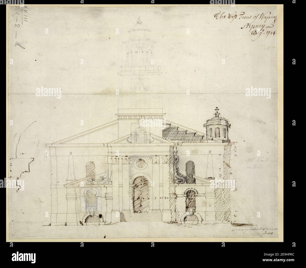 Il fronte ovest di Waping Stepney. Autore Hawksmoor, Nicholas 23.21.2.h Data di pubblicazione: Augt. 1714. Tipo articolo: 1 disegno mezzo: Penna con inchiostro nero e marrone e matita dimensioni: Foglio 30.7 x 35.7 cm ex proprietario: George III, Re di Gran Bretagna, 1738-1820 Foto Stock