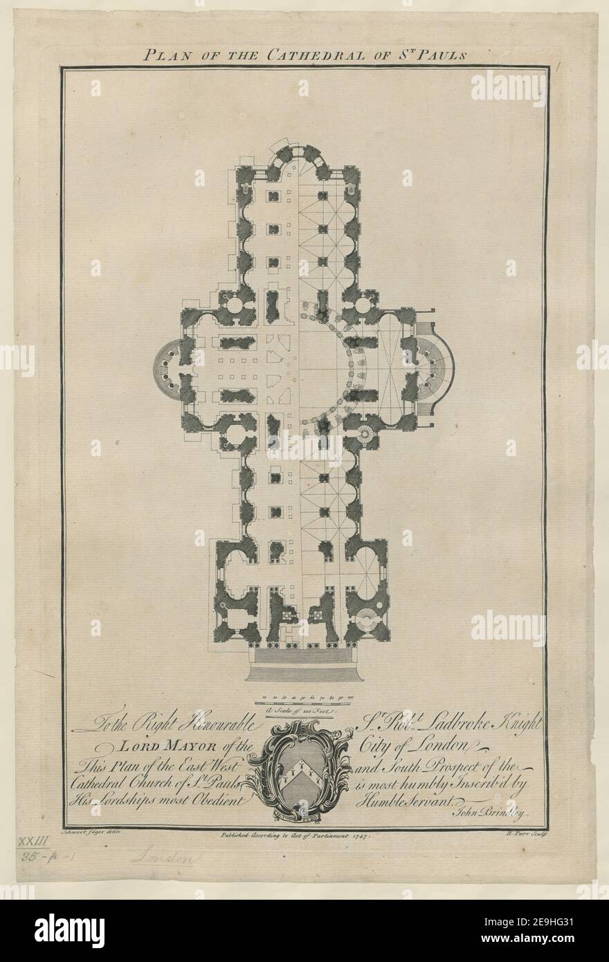 PIANO DELLA CATTEDRALE di ST PAULS autore Parr, Richard 23.35.p.1 luogo di pubblicazione: [Londra] Editore: Pubblicato secondo l'atto del Parlamento, Data di pubblicazione: 1747. Tipo articolo: 1 stampa mezzo: Incisione e incisione dimensioni: Platemark 49.2 x 32.5 cm, su foglio 53.2 x 35.7 cm ex proprietario: Giorgio III, Re di Gran Bretagna, 1738-1820 Foto Stock